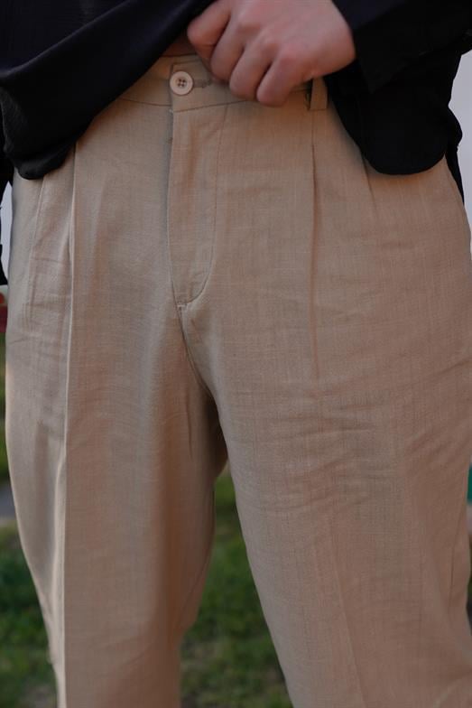 PantalonBej PİLELİ BAGGY KALIP KETEN PANTALON SNZ 3937 2024