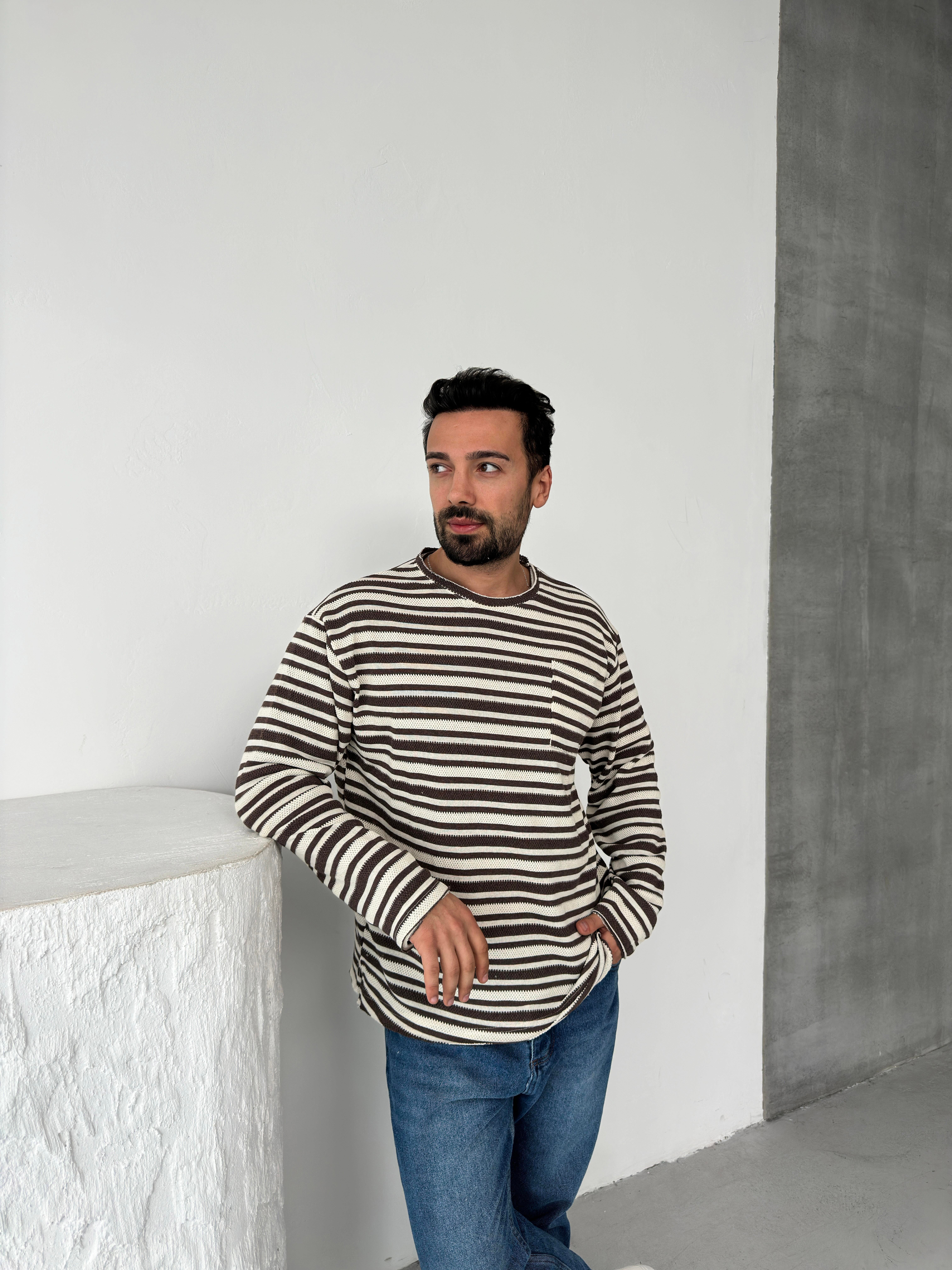 SweatAÇIK KAHVE Çizgili Göğüs Cepli Bisiklet Yaka Triko SNZ 8219