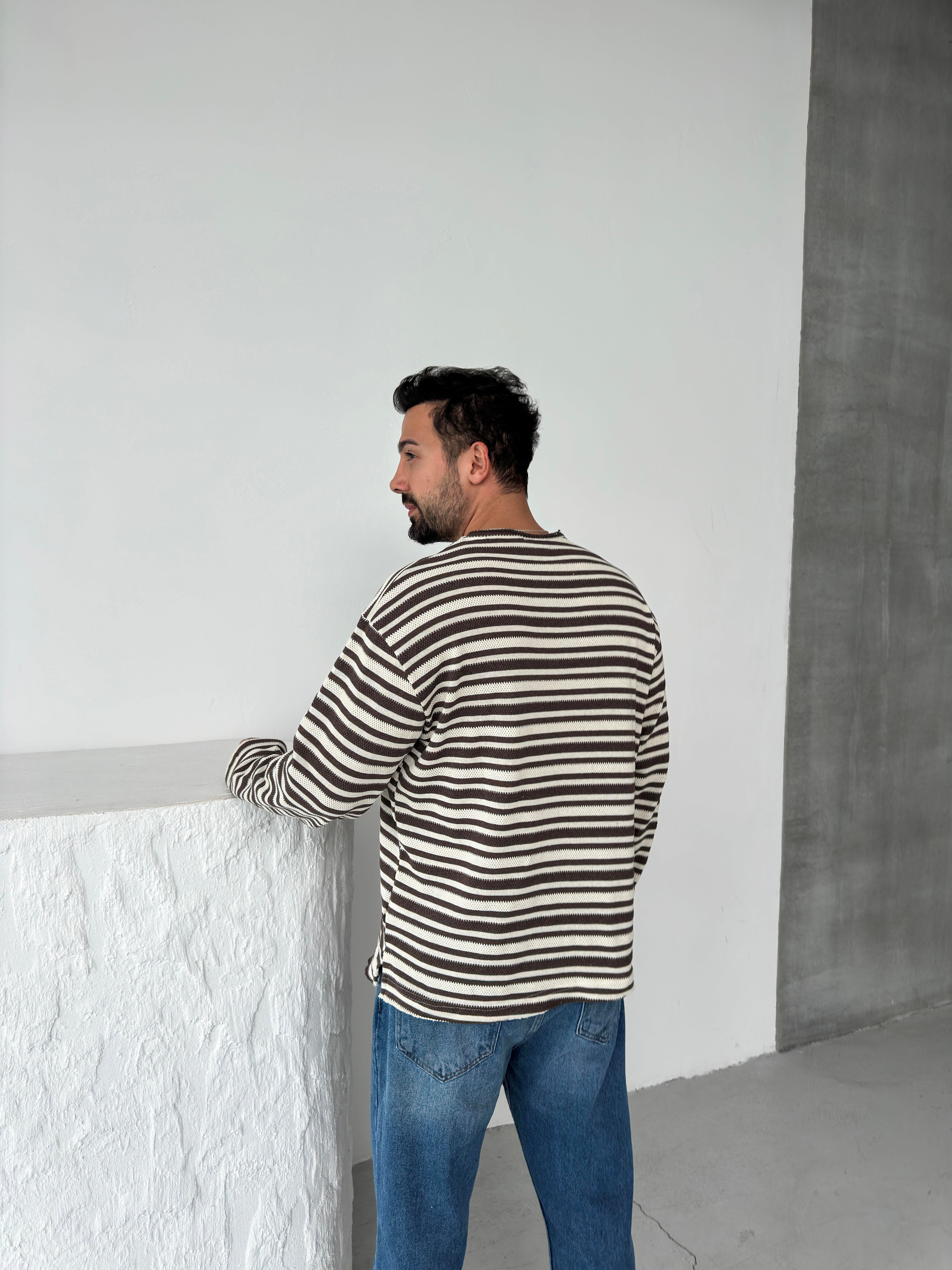 SweatAÇIK KAHVE Çizgili Göğüs Cepli Bisiklet Yaka Triko SNZ 8219