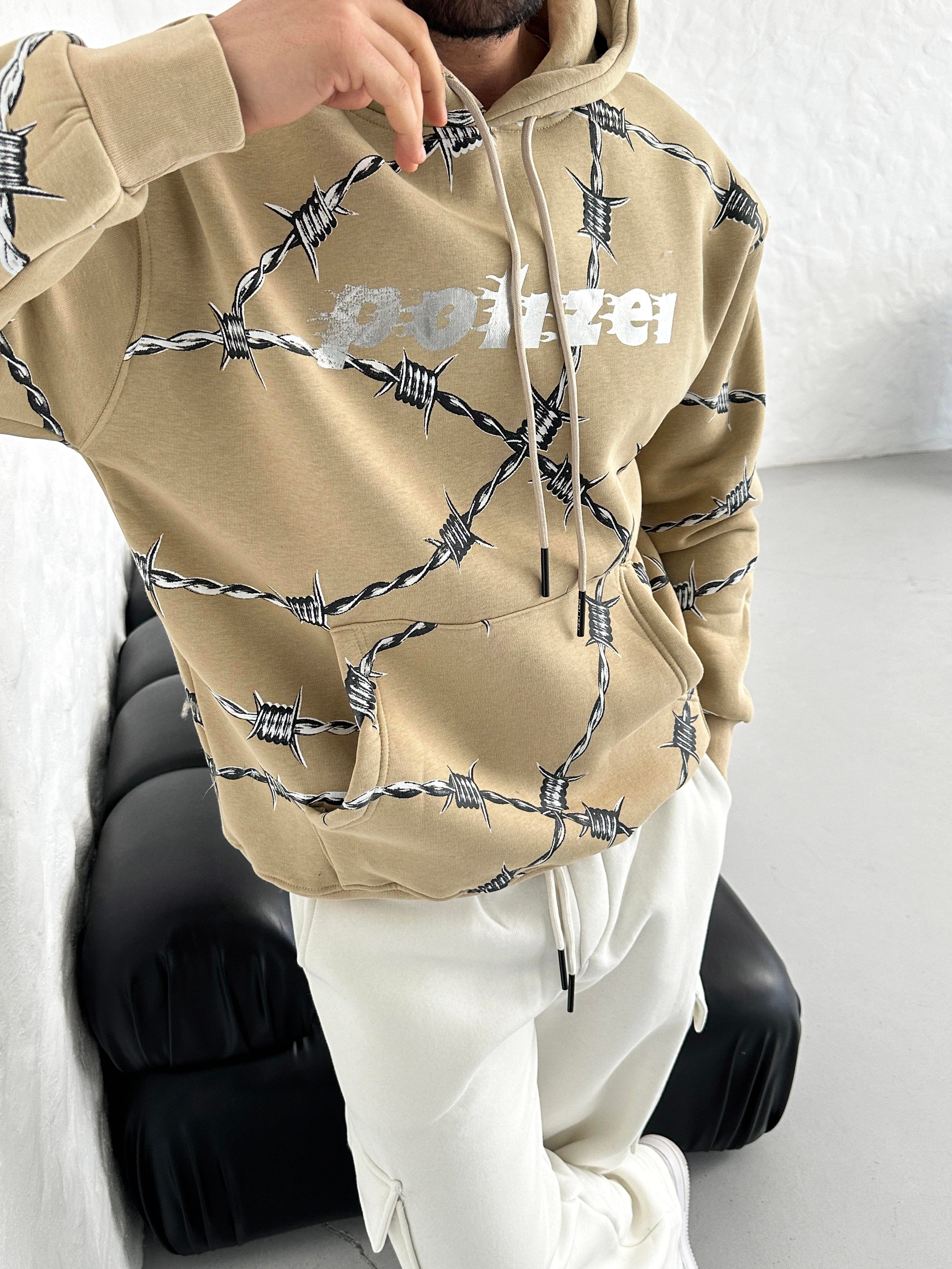 SweatBej Tel Örgü Pano Baskı Düz Kapşonlu  Sweatshirt PLZ