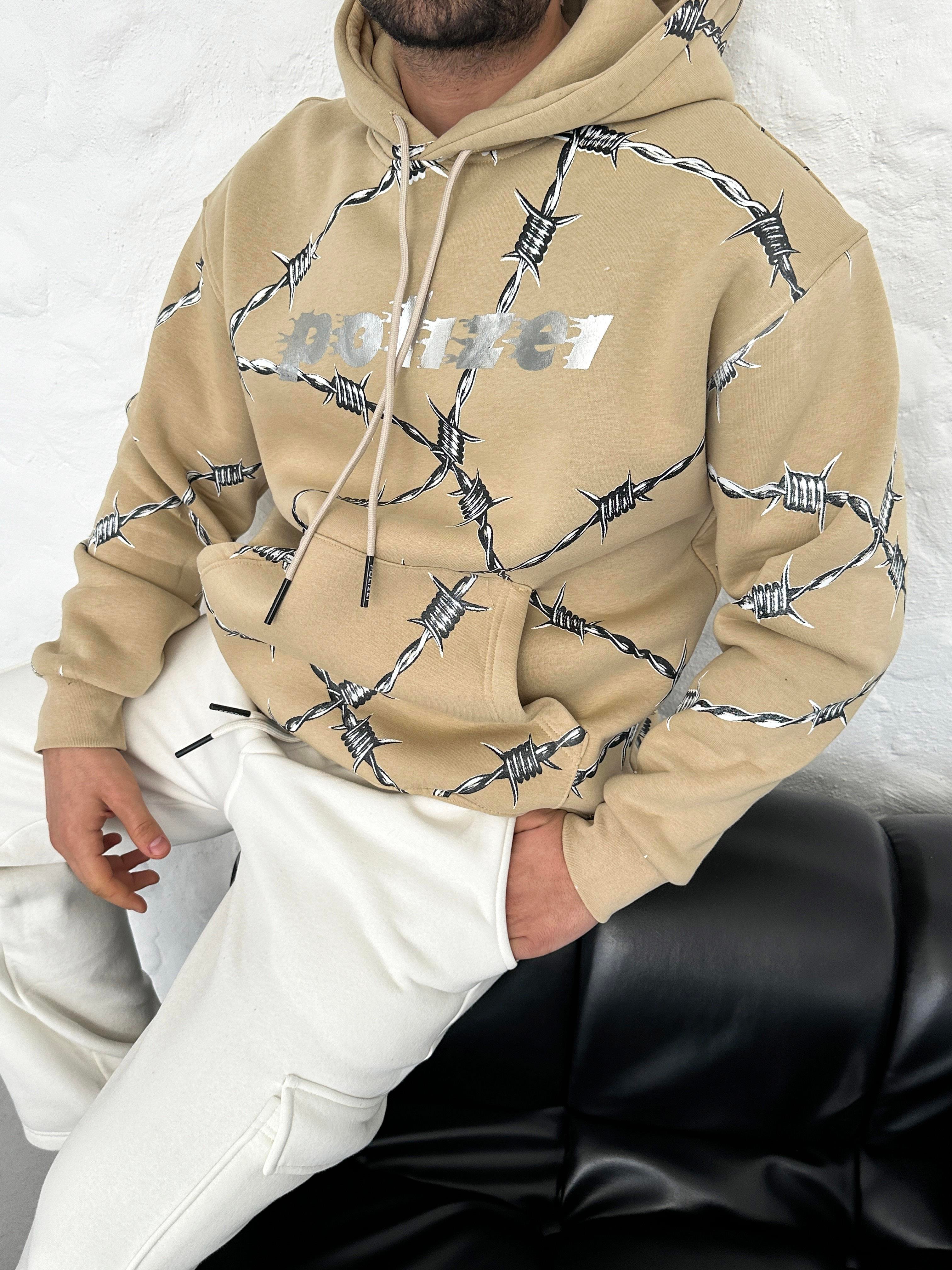 SweatBej Tel Örgü Pano Baskı Düz Kapşonlu  Sweatshirt PLZ