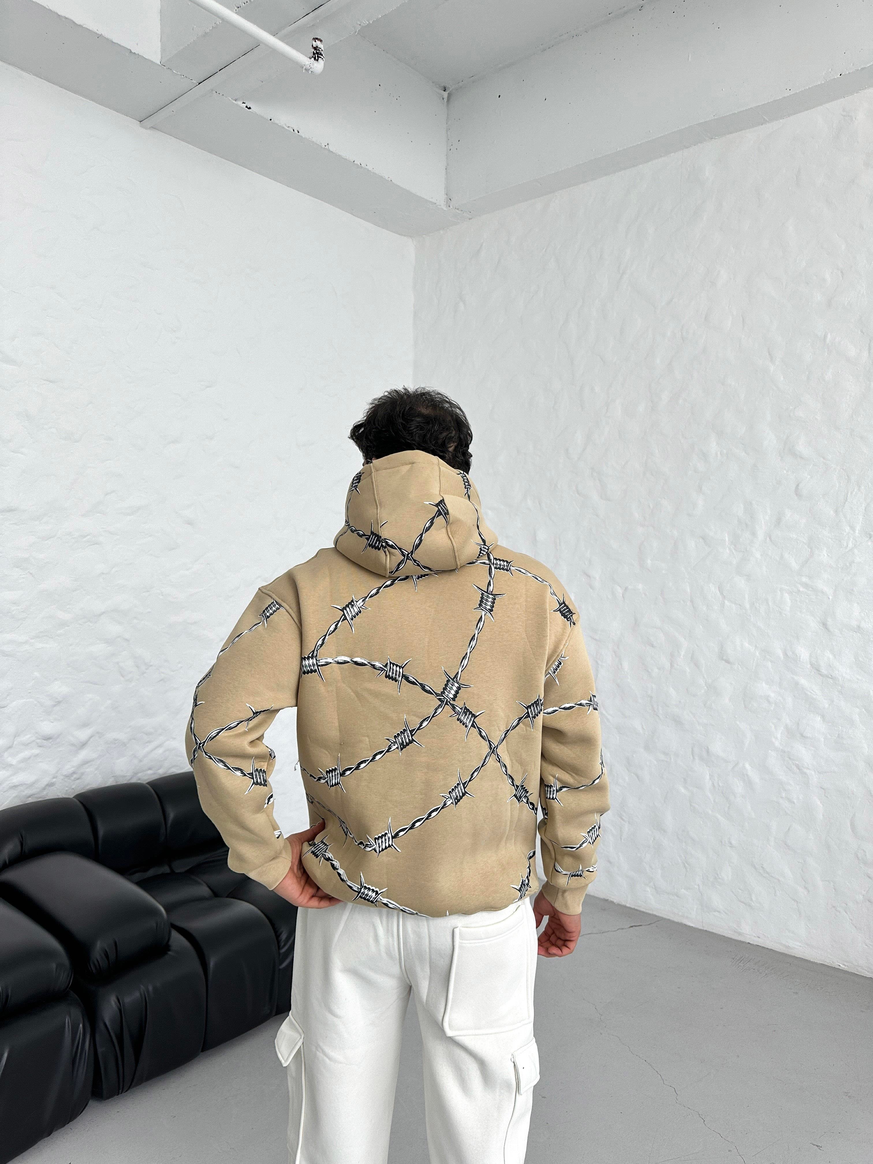 SweatBej Tel Örgü Pano Baskı Düz Kapşonlu  Sweatshirt PLZ