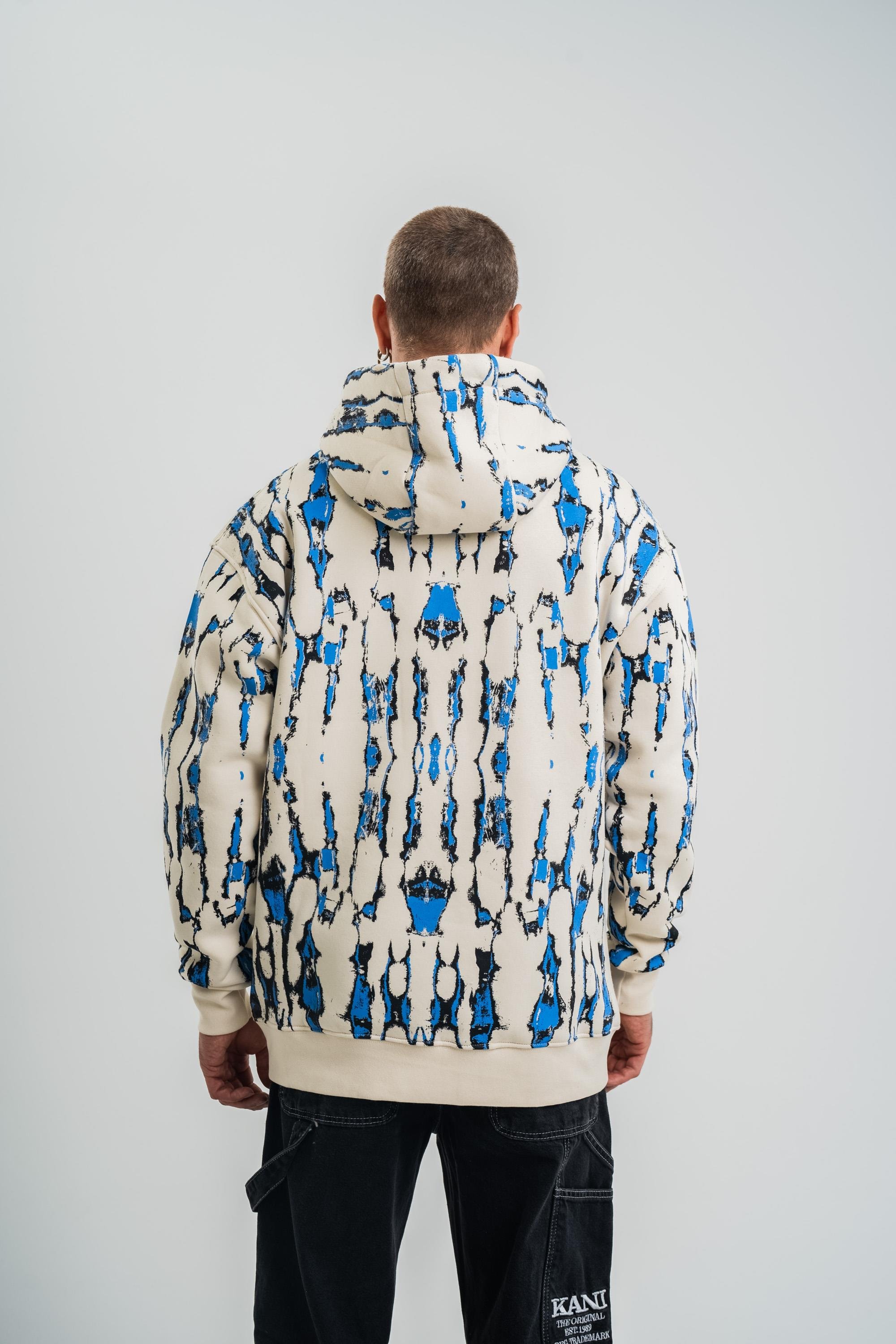 SweatEkru Mavi Pano Baskılı Kapşonlu Sweatshirt PLZ