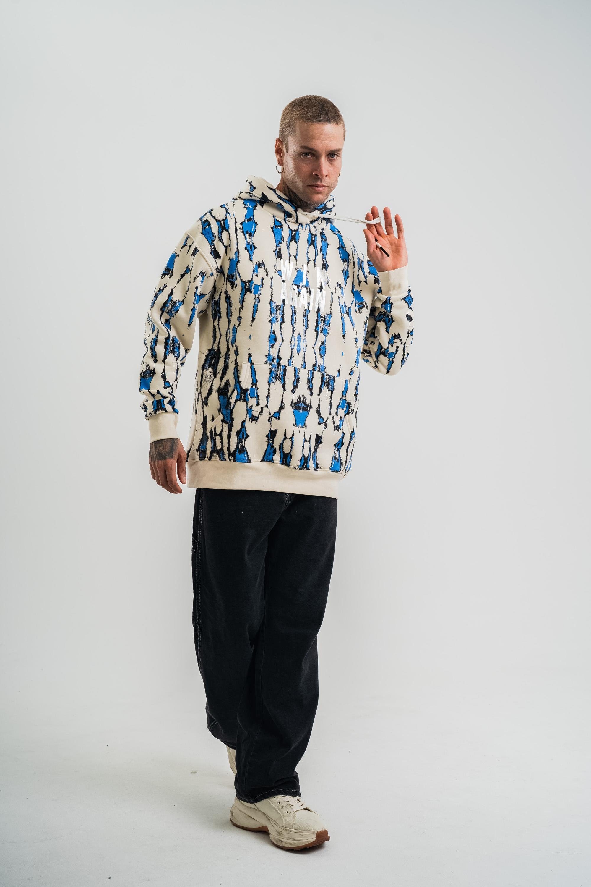 SweatEkru Mavi Pano Baskılı Kapşonlu Sweatshirt PLZ