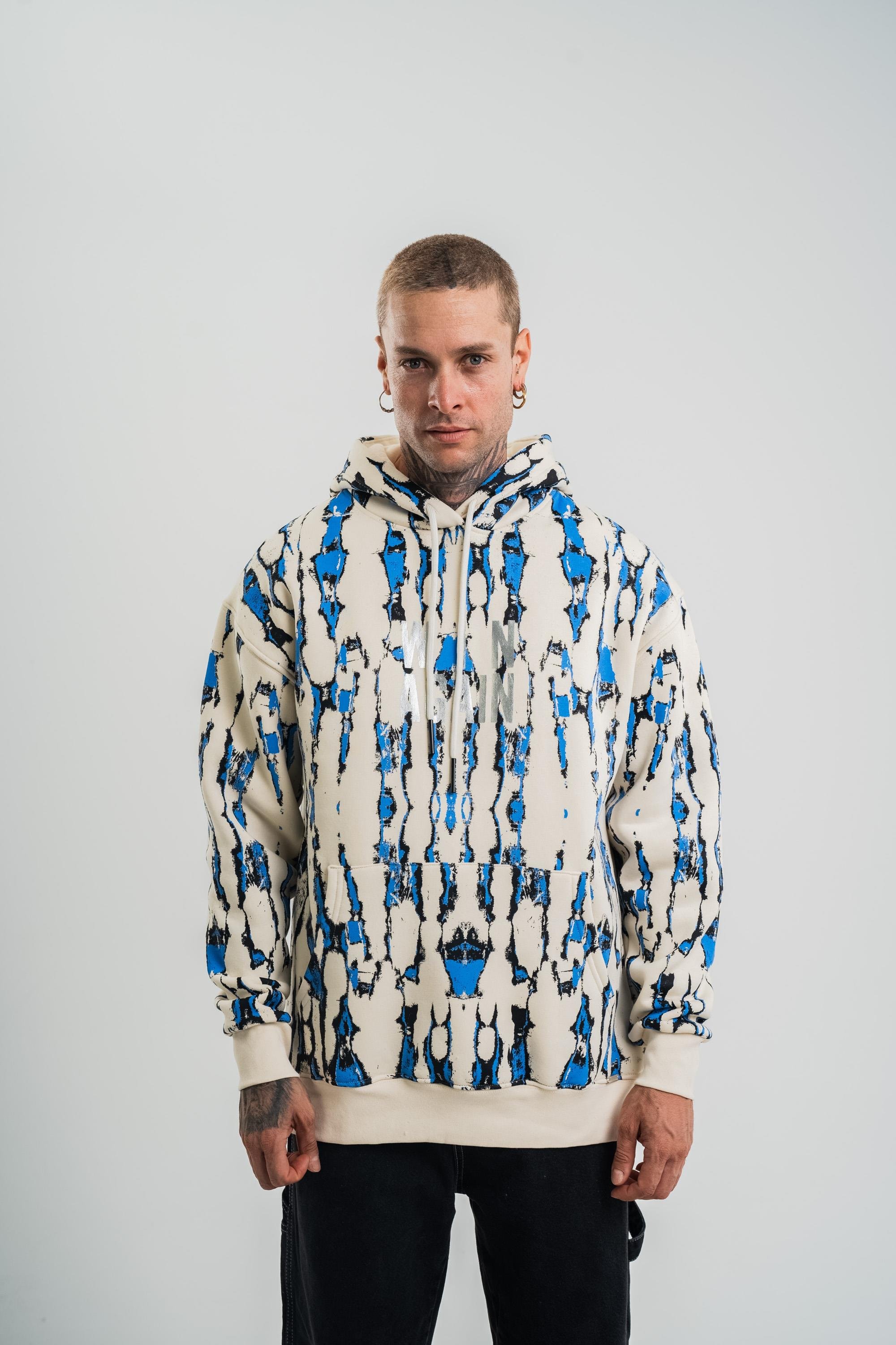 SweatEkru Mavi Pano Baskılı Kapşonlu Sweatshirt PLZ