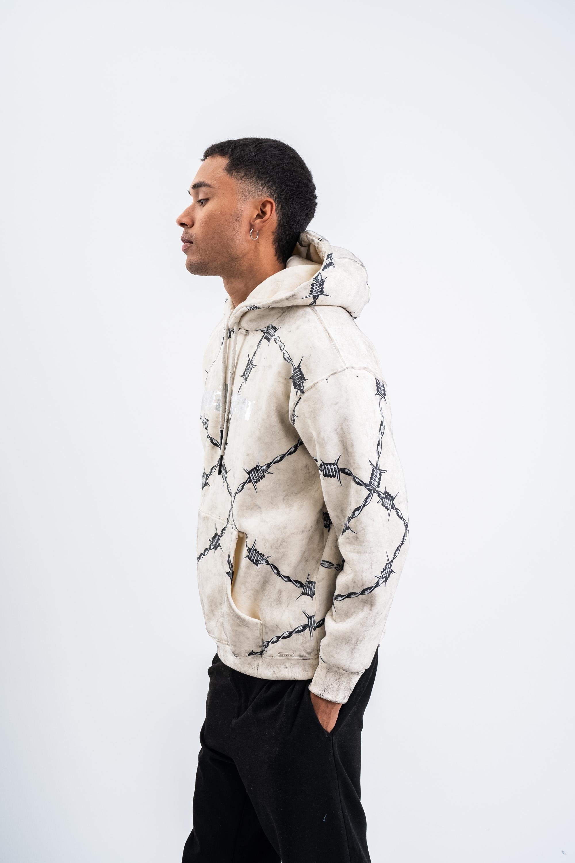 SweatEkru Tel Örgü Pano Baskı Düz Kapşonlu  Sweatshirt PLZ