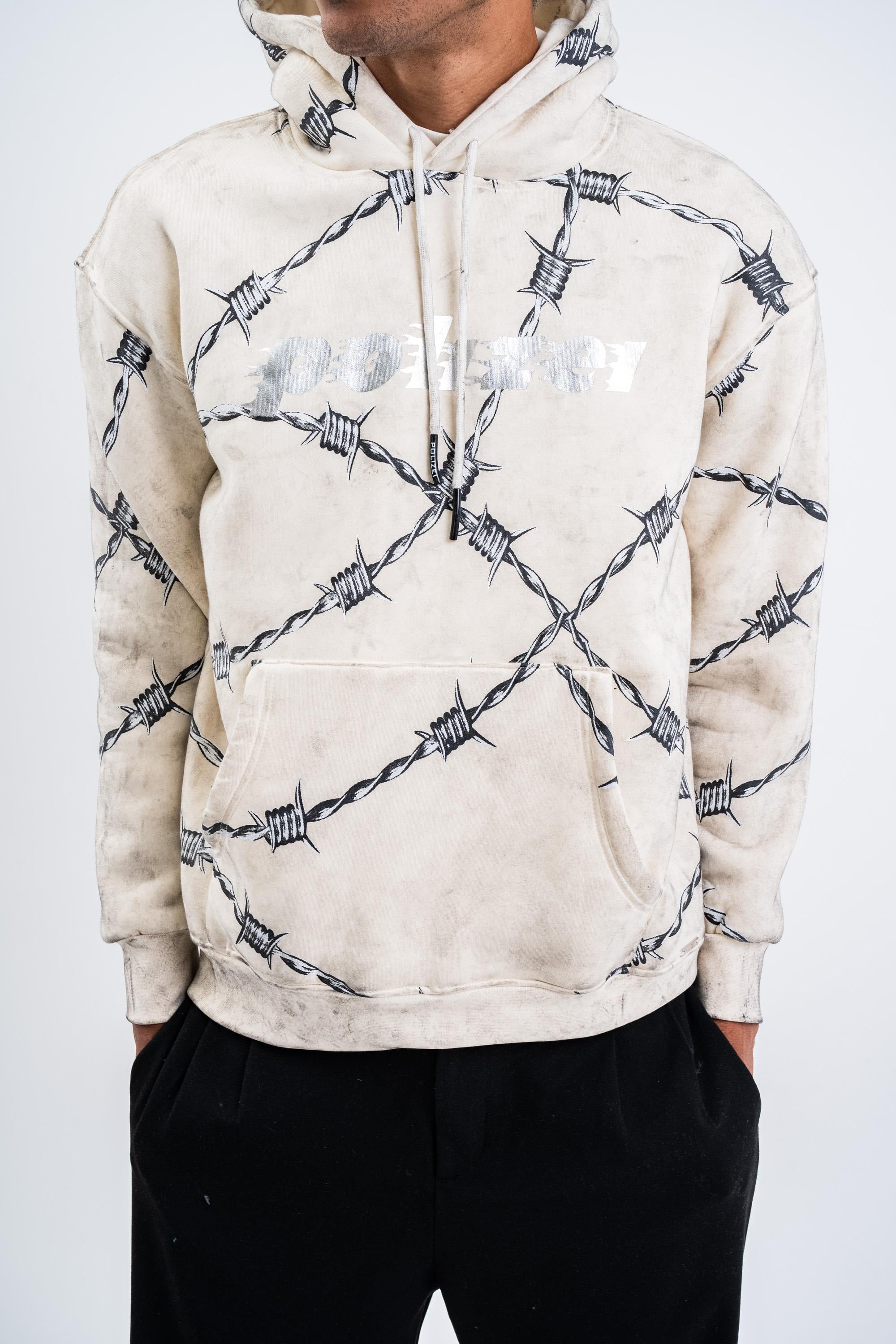 SweatEkru Tel Örgü Pano Baskı Düz Kapşonlu  Sweatshirt PLZ