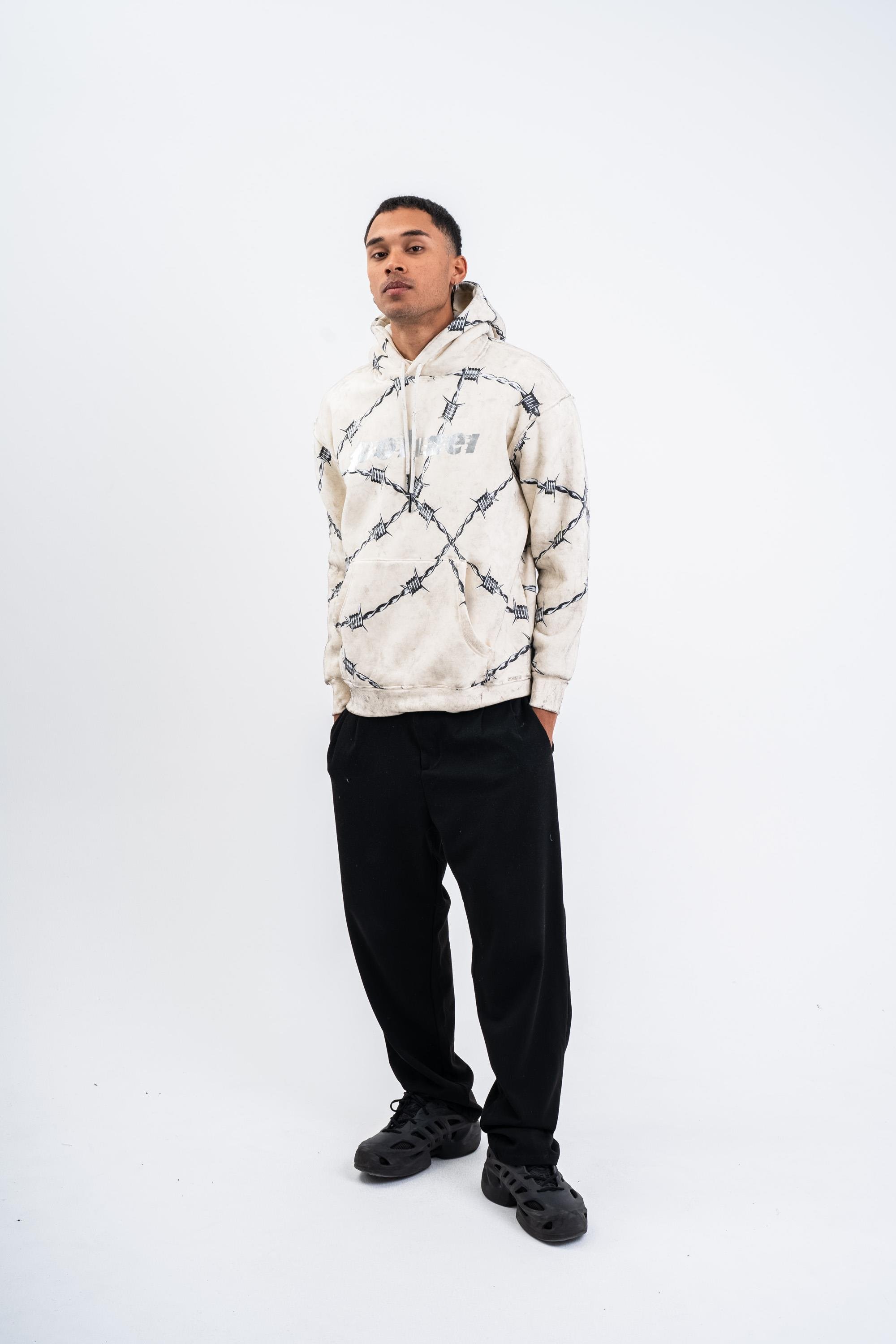 SweatEkru Tel Örgü Pano Baskı Düz Kapşonlu  Sweatshirt PLZ