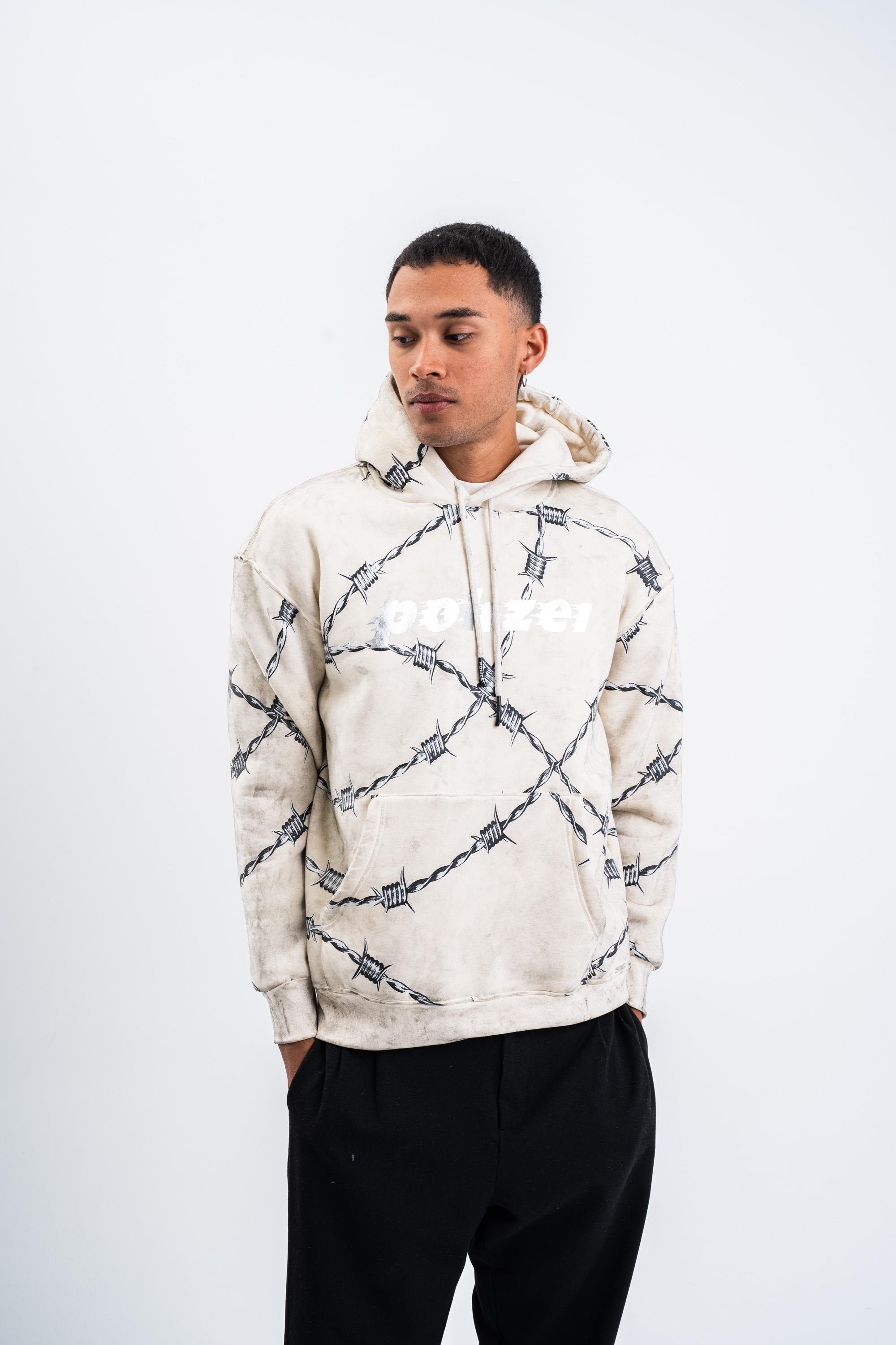 SweatEkru Tel Örgü Pano Baskı Düz Kapşonlu  Sweatshirt PLZ