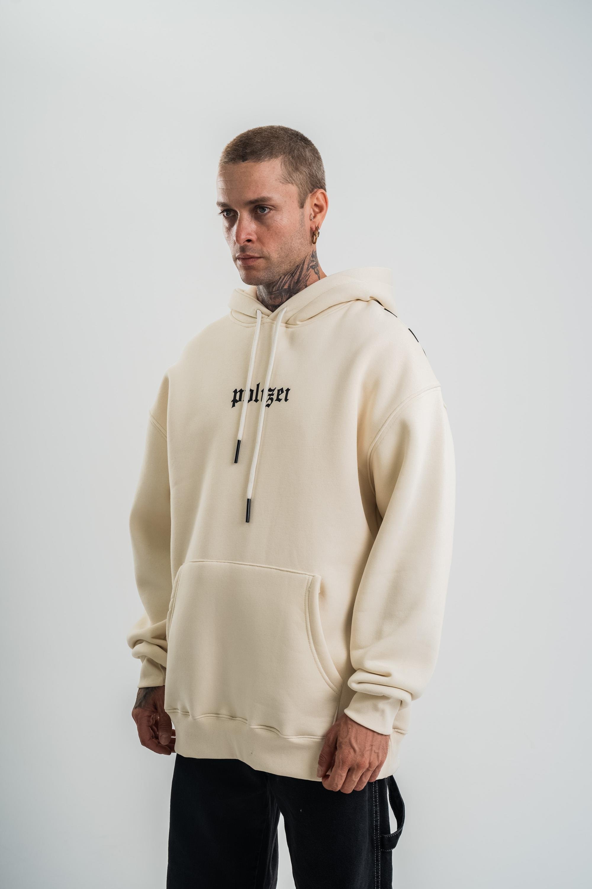 SweatEkru Yarım Polizei Nakışlı Peçli Kapşonlu Sweatshirt PLZ