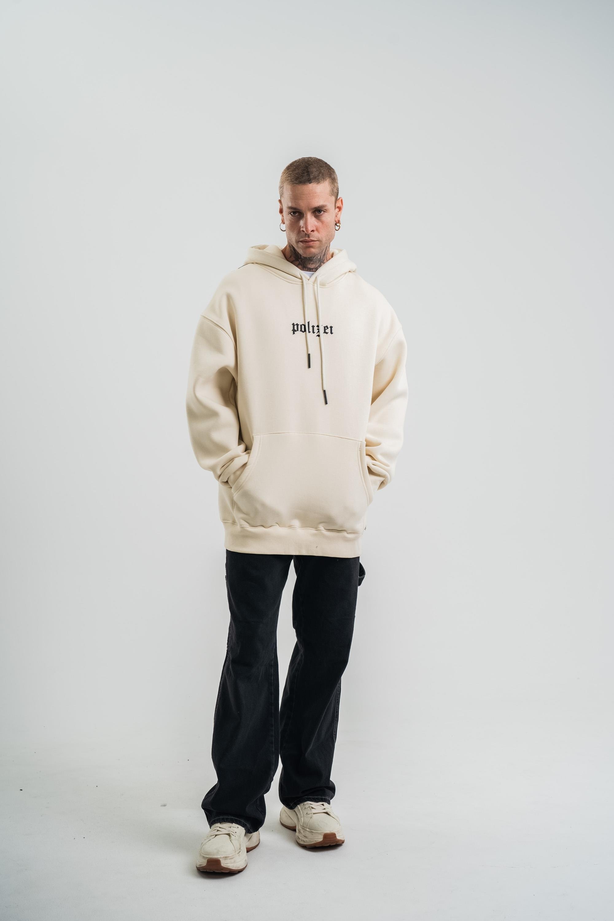 SweatEkru Yarım Polizei Nakışlı Peçli Kapşonlu Sweatshirt PLZ