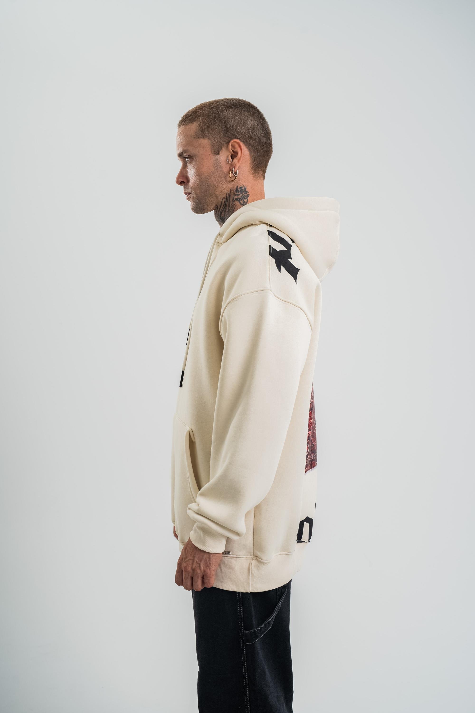 SweatEkru Yarım Polizei Nakışlı Peçli Kapşonlu Sweatshirt PLZ