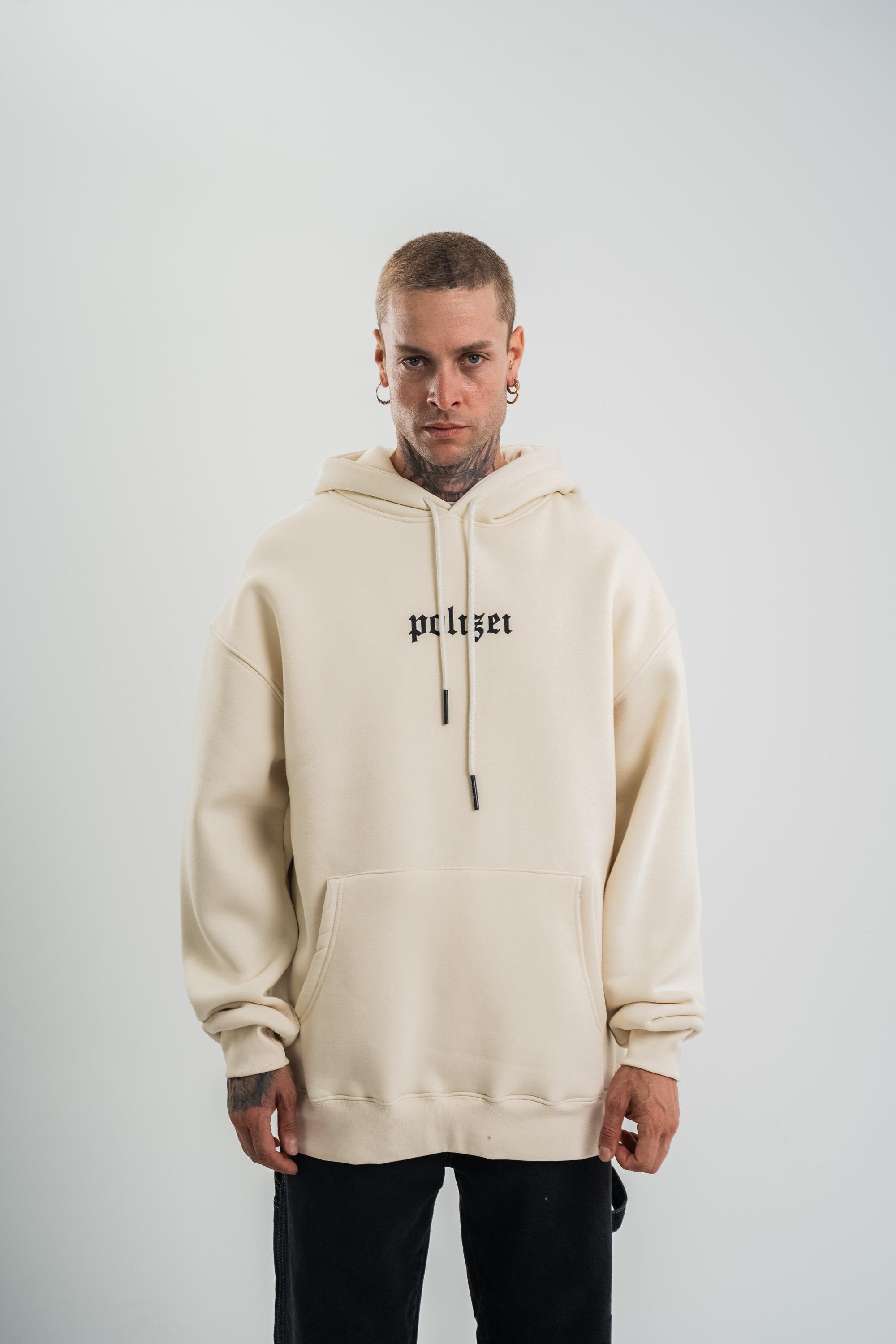 SweatEkru Yarım Polizei Nakışlı Peçli Kapşonlu Sweatshirt PLZ