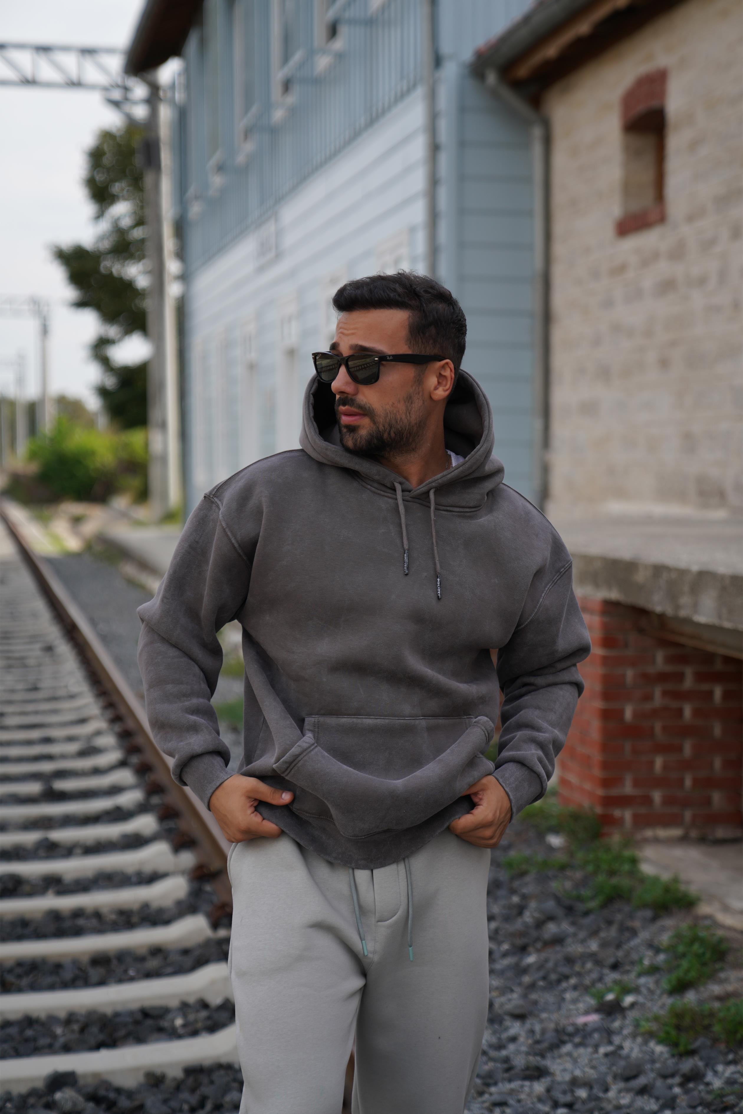 SweatFüme 3 İplik Oversize Yıkamalı Kapşonlu Sweatshirt PLZ