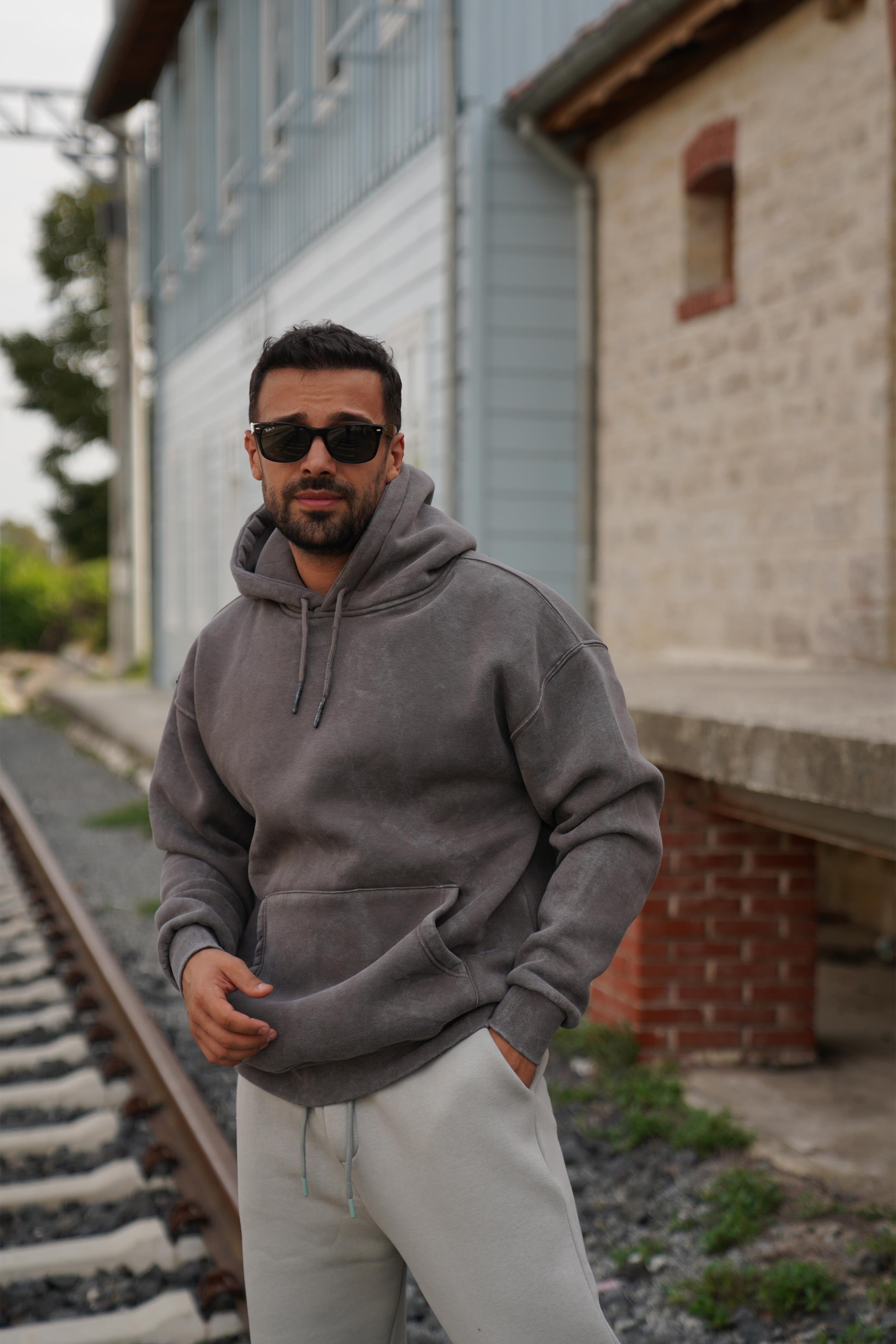 SweatFüme 3 İplik Oversize Yıkamalı Kapşonlu Sweatshirt PLZ