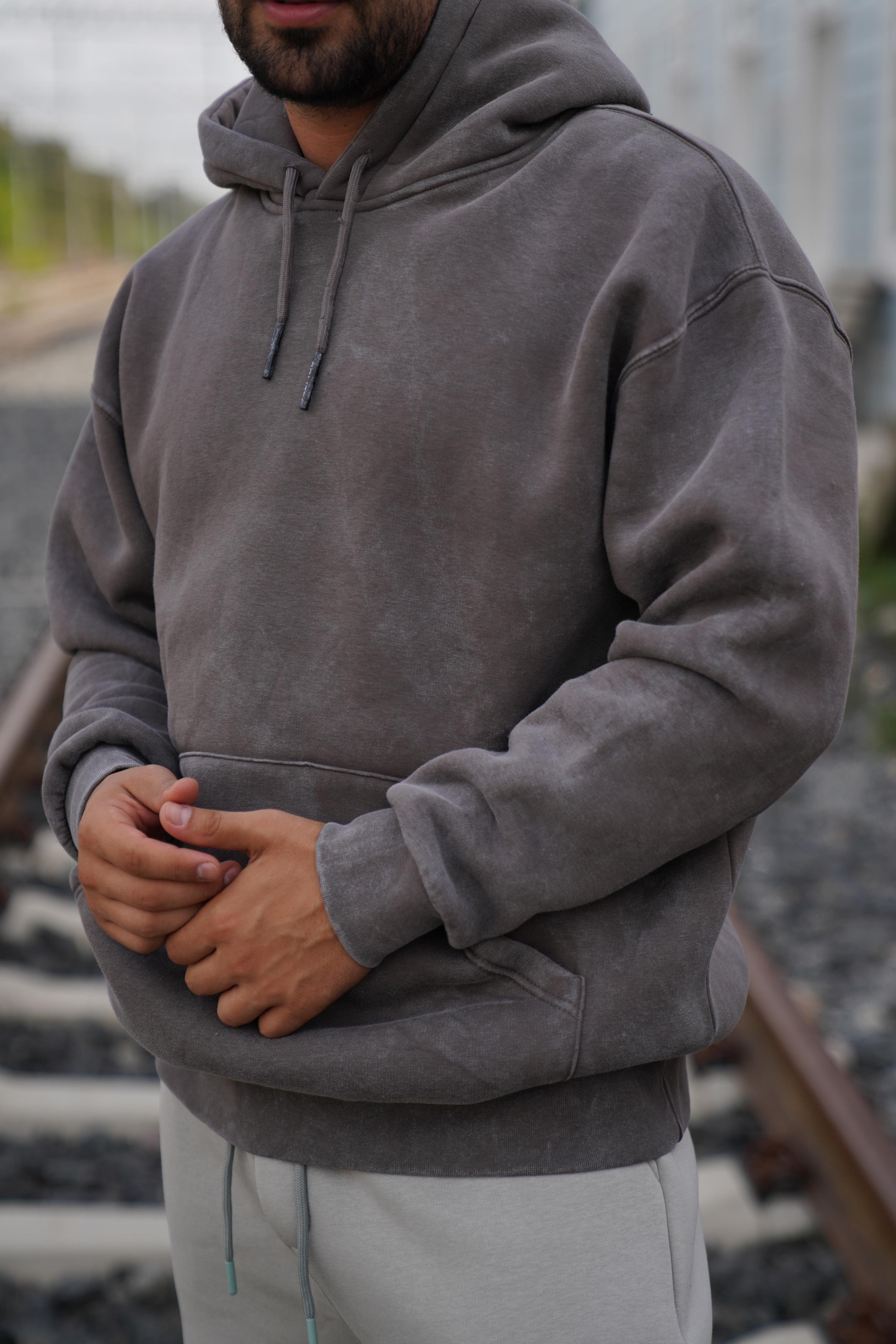 SweatFüme 3 İplik Oversize Yıkamalı Kapşonlu Sweatshirt PLZ