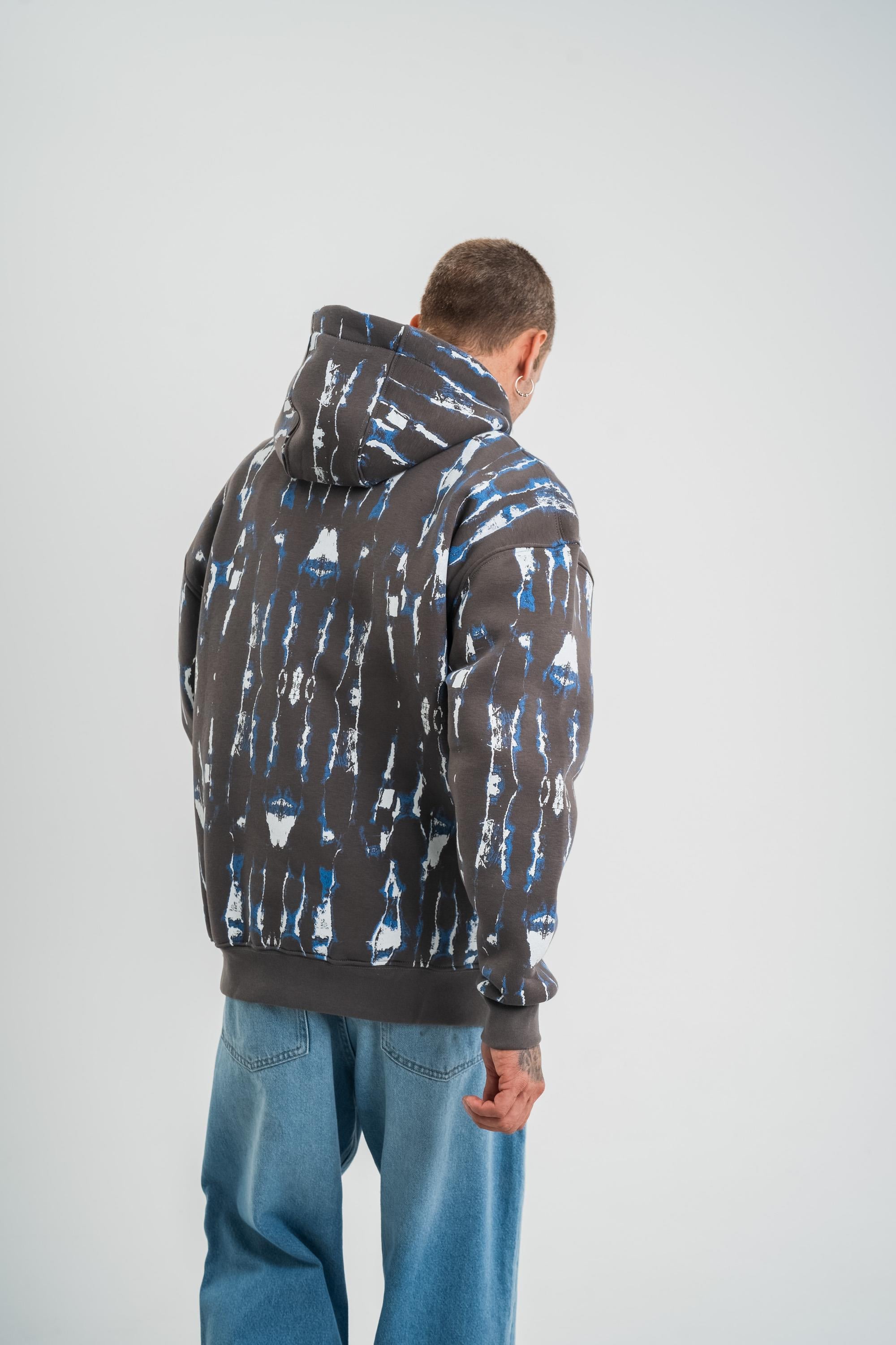 SweatFüme Mavi Pano Baskılı Kapşonlu Sweatshirt PLZ