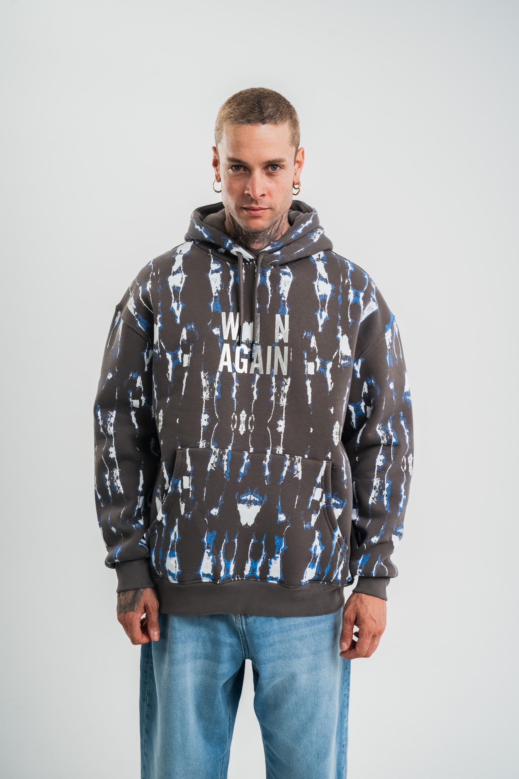 SweatFüme Mavi Pano Baskılı Kapşonlu Sweatshirt PLZ