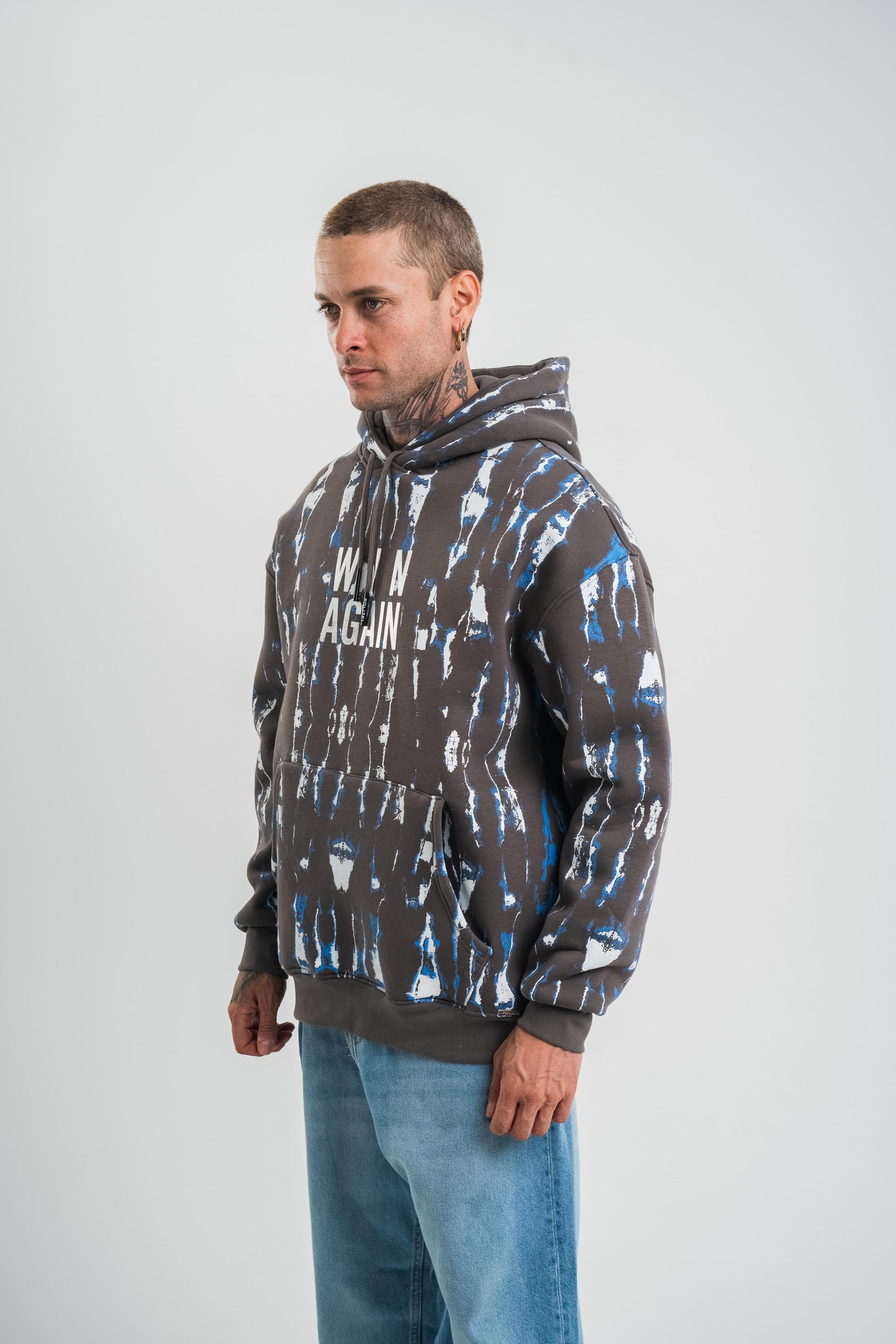 SweatFüme Mavi Pano Baskılı Kapşonlu Sweatshirt PLZ