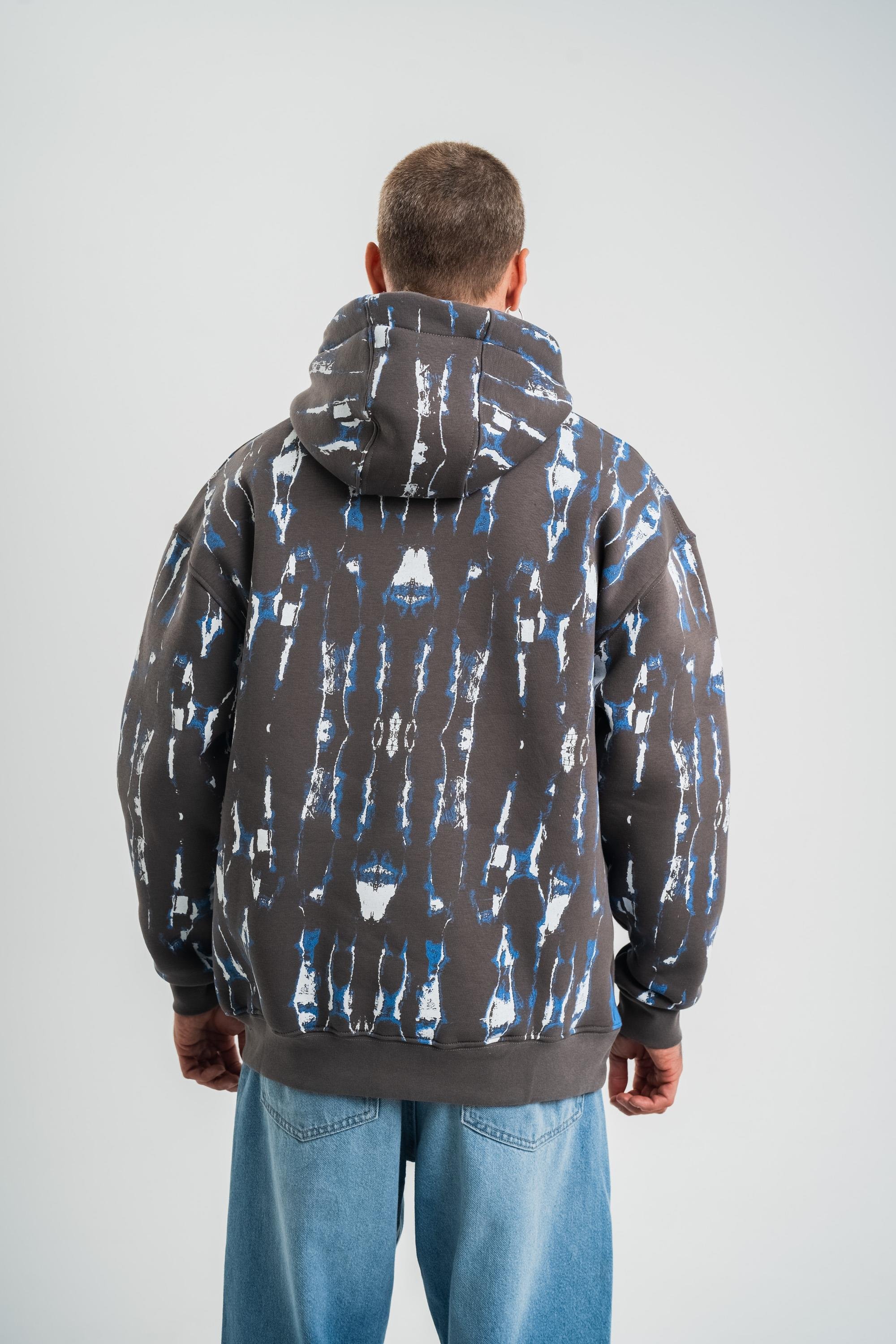 SweatFüme Mavi Pano Baskılı Kapşonlu Sweatshirt PLZ