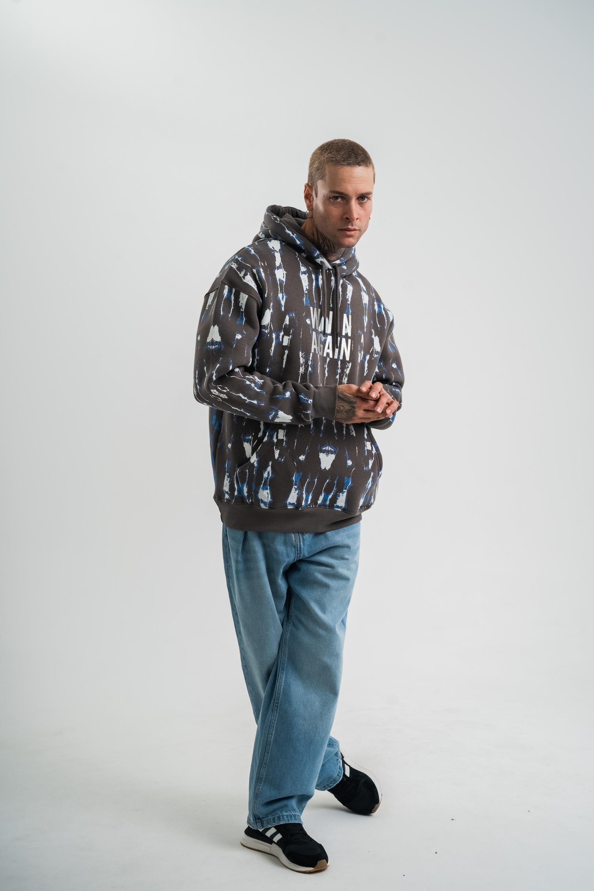 SweatFüme Mavi Pano Baskılı Kapşonlu Sweatshirt PLZ