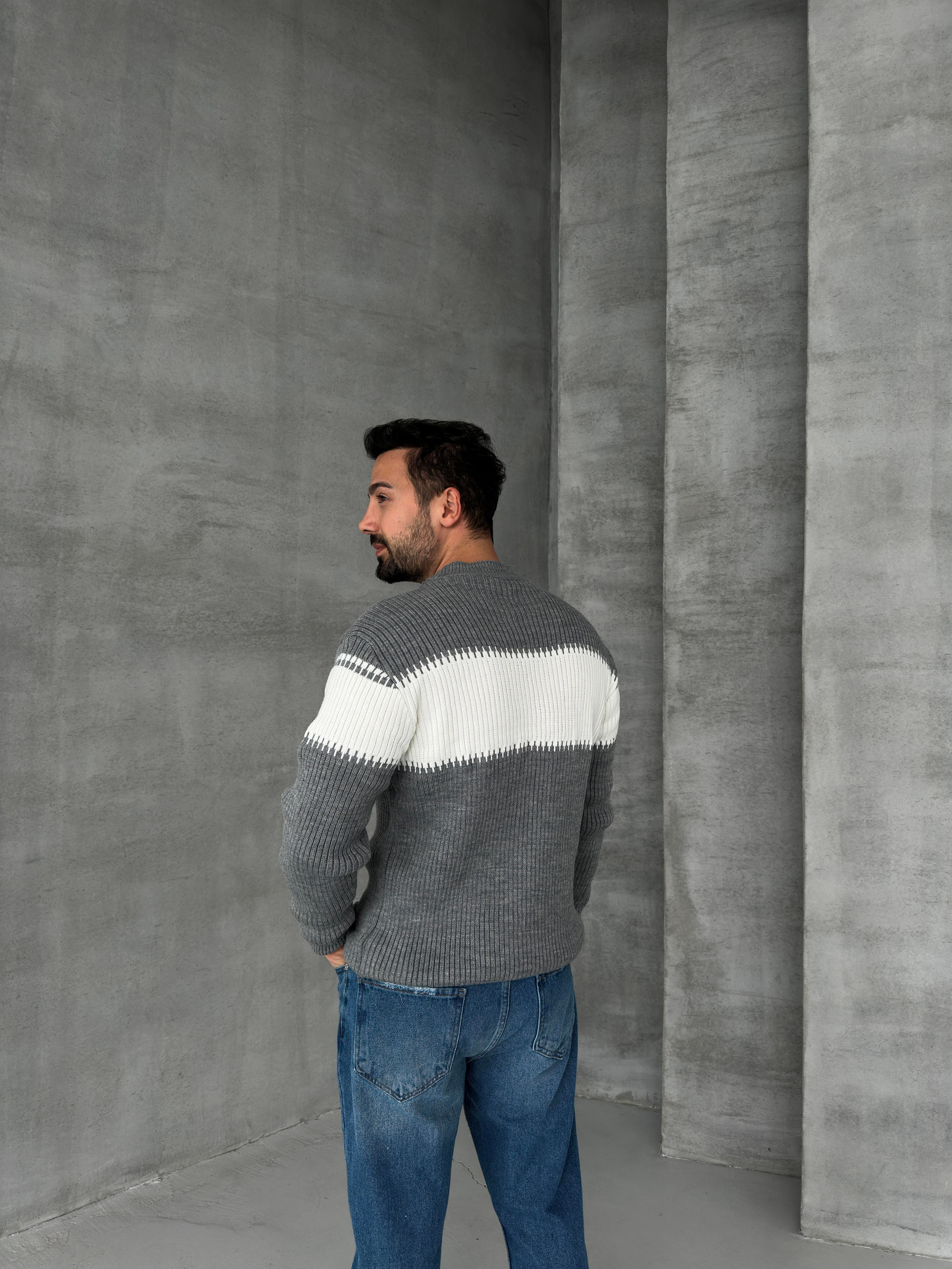 SweatGri Kalın Çizgili Balıkçıl Yaka Triko 7179