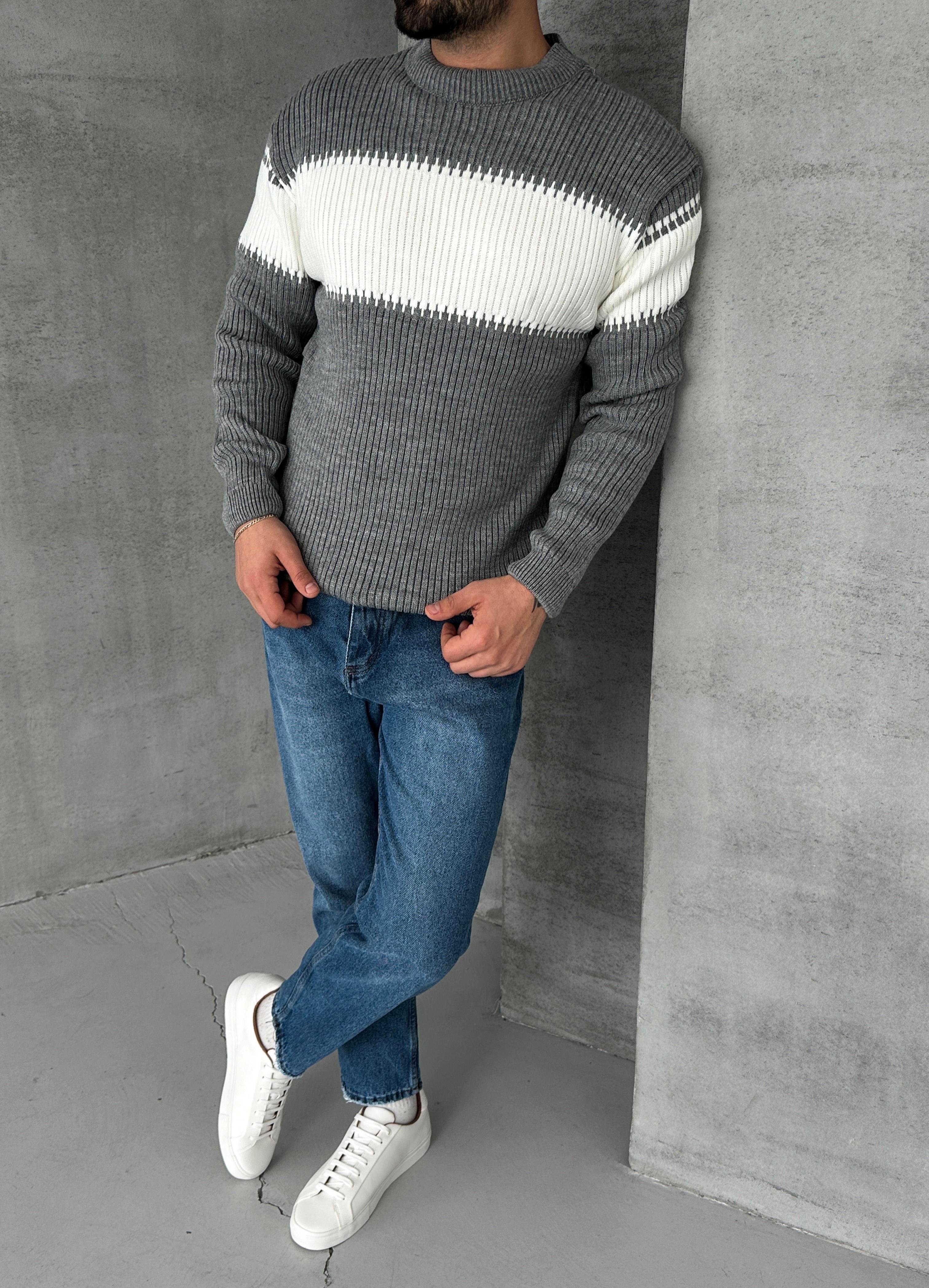 SweatGri Kalın Çizgili Balıkçıl Yaka Triko 7179