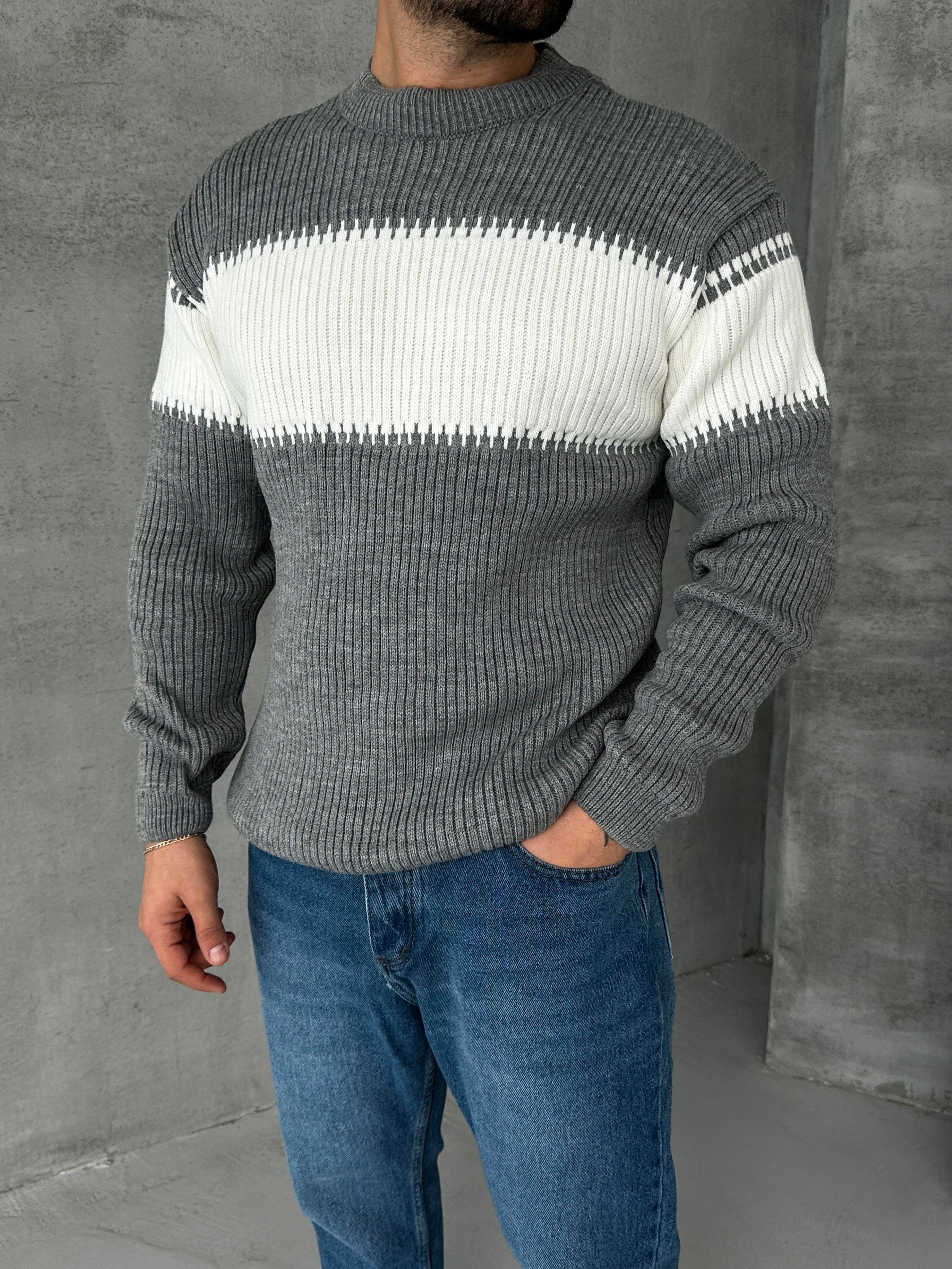 SweatGri Kalın Çizgili Balıkçıl Yaka Triko 7179