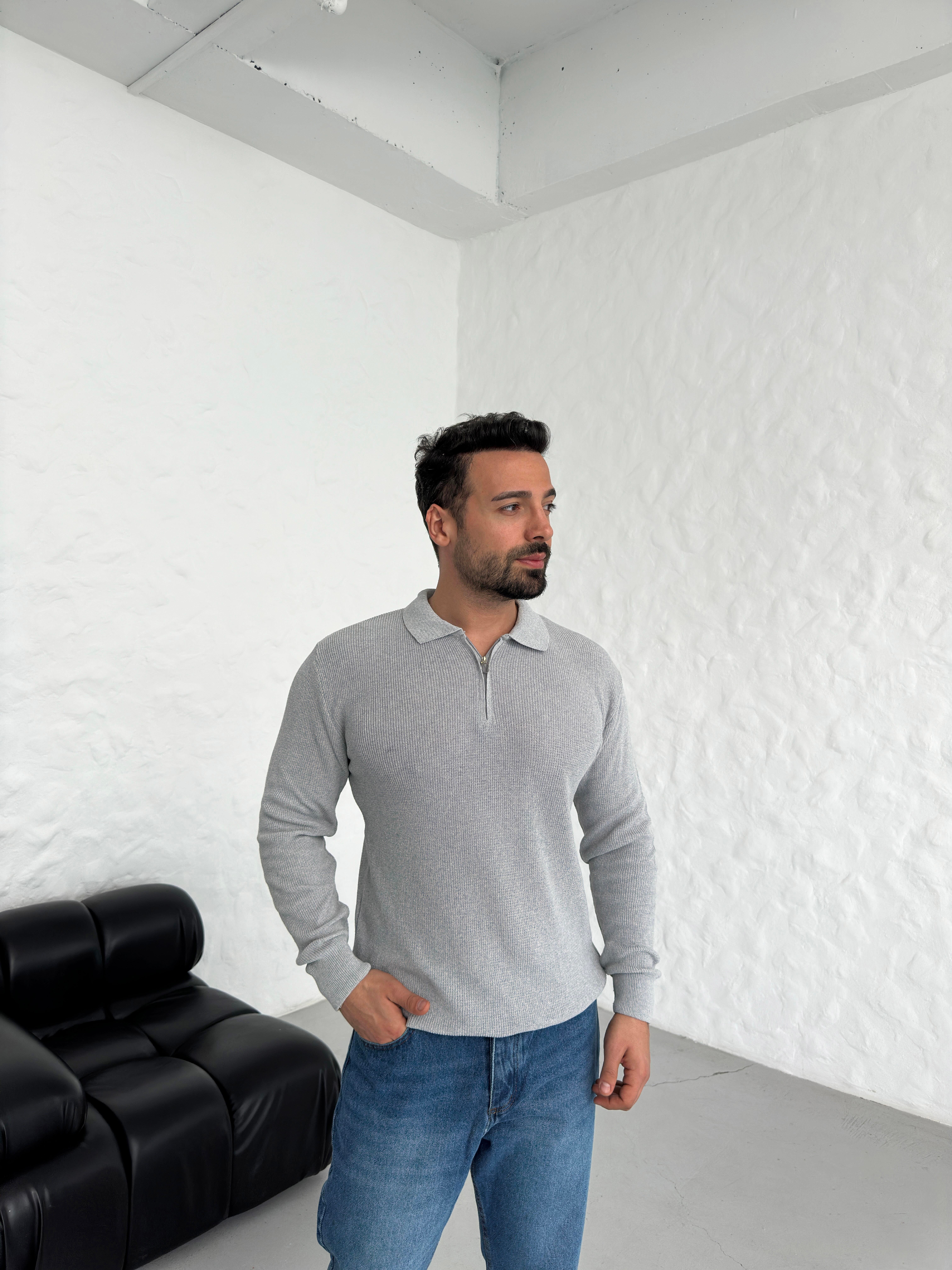 SweatGri Selanik Polo Fermuarlı Kazak