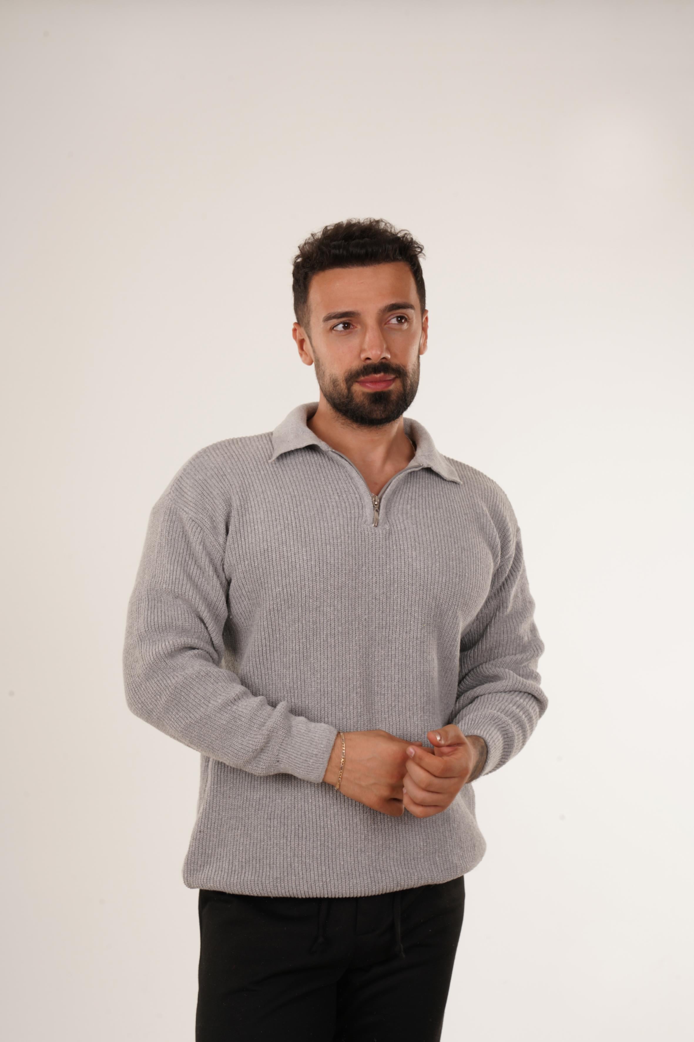 SweatGri Selanik Polo Fermuarlı Kazak