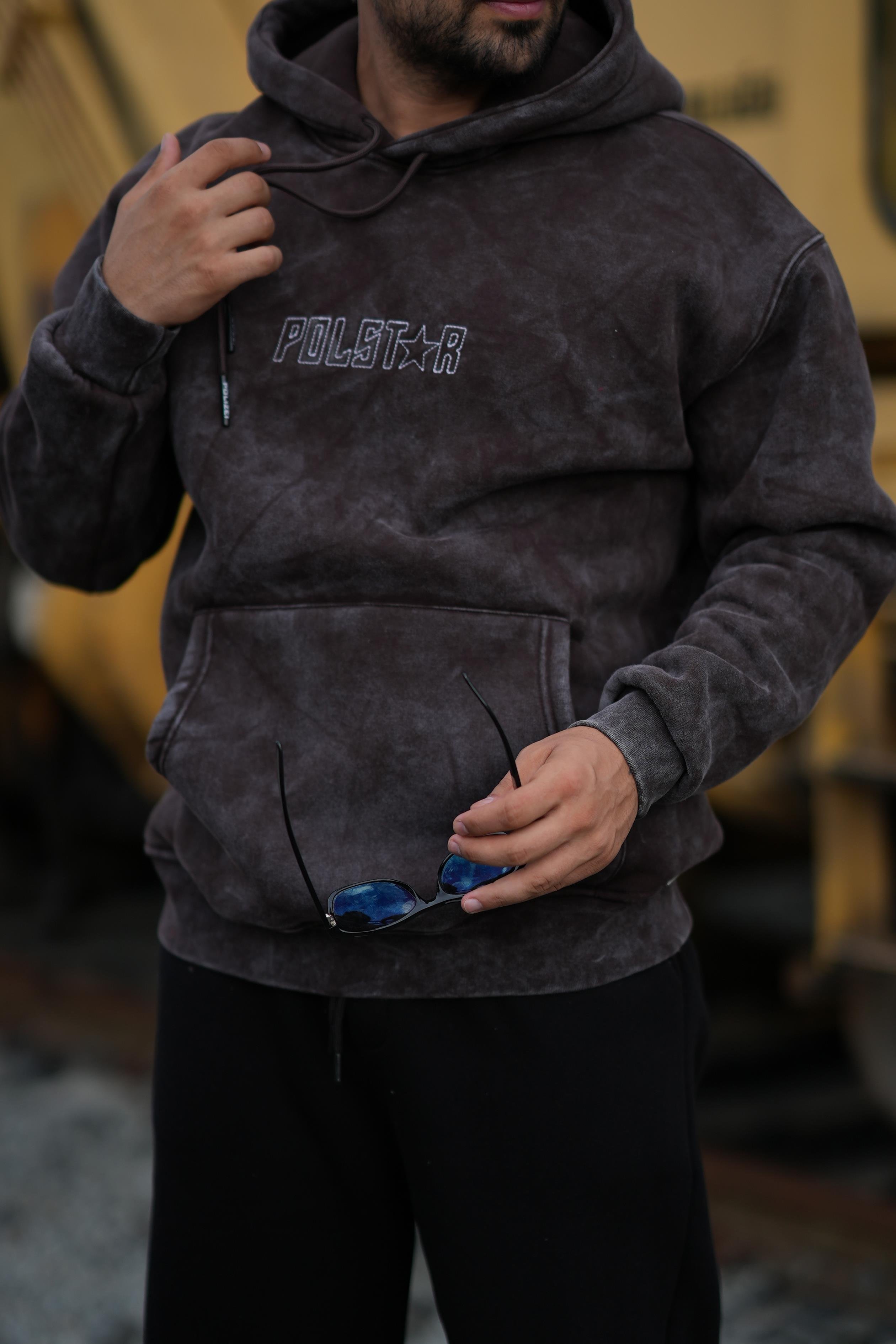 SweatKahve 3 İplik Oversize Polstar Baskılı Kapşonlu Sweatshirt PLZ