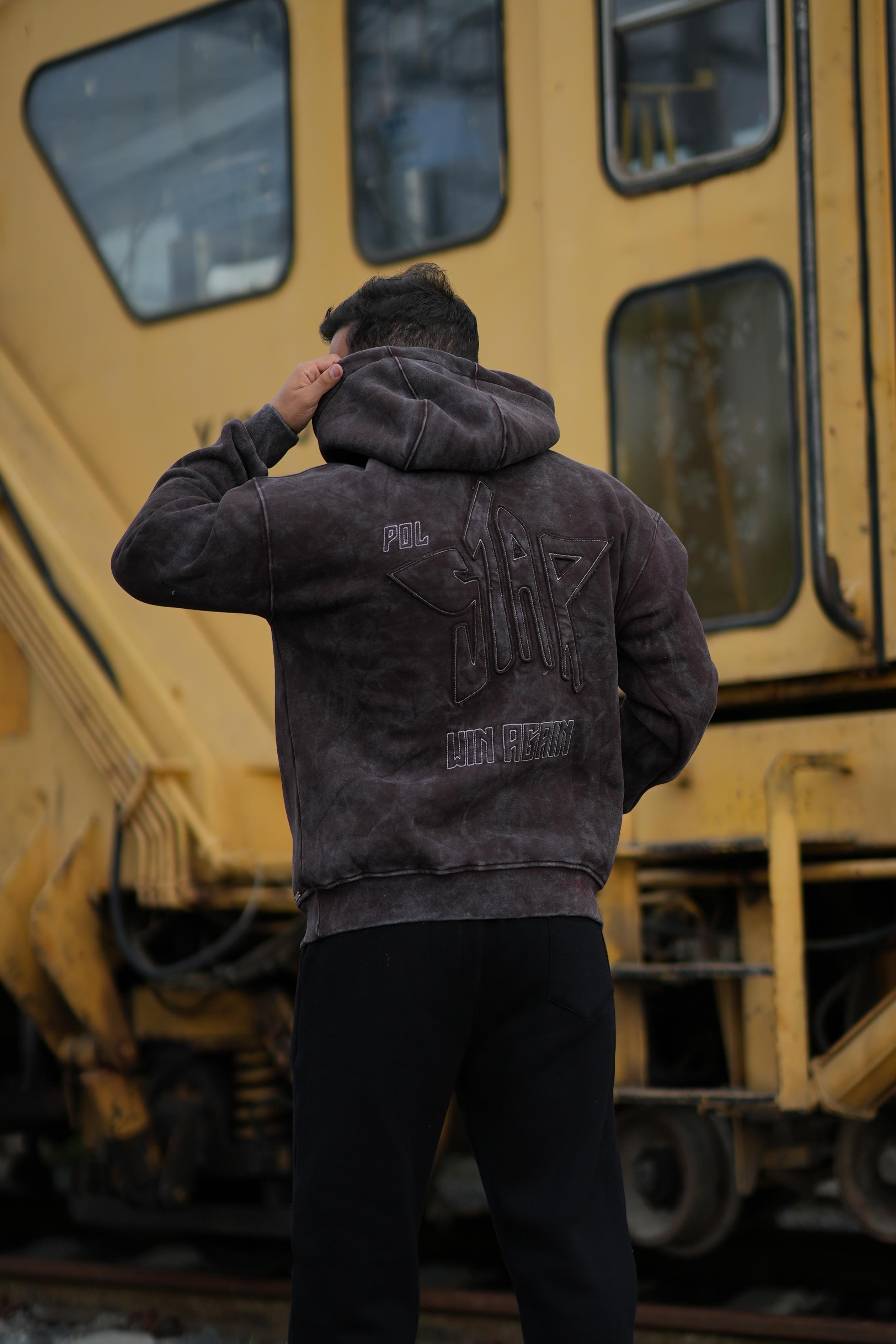 SweatKahve 3 İplik Oversize Polstar Baskılı Kapşonlu Sweatshirt PLZ