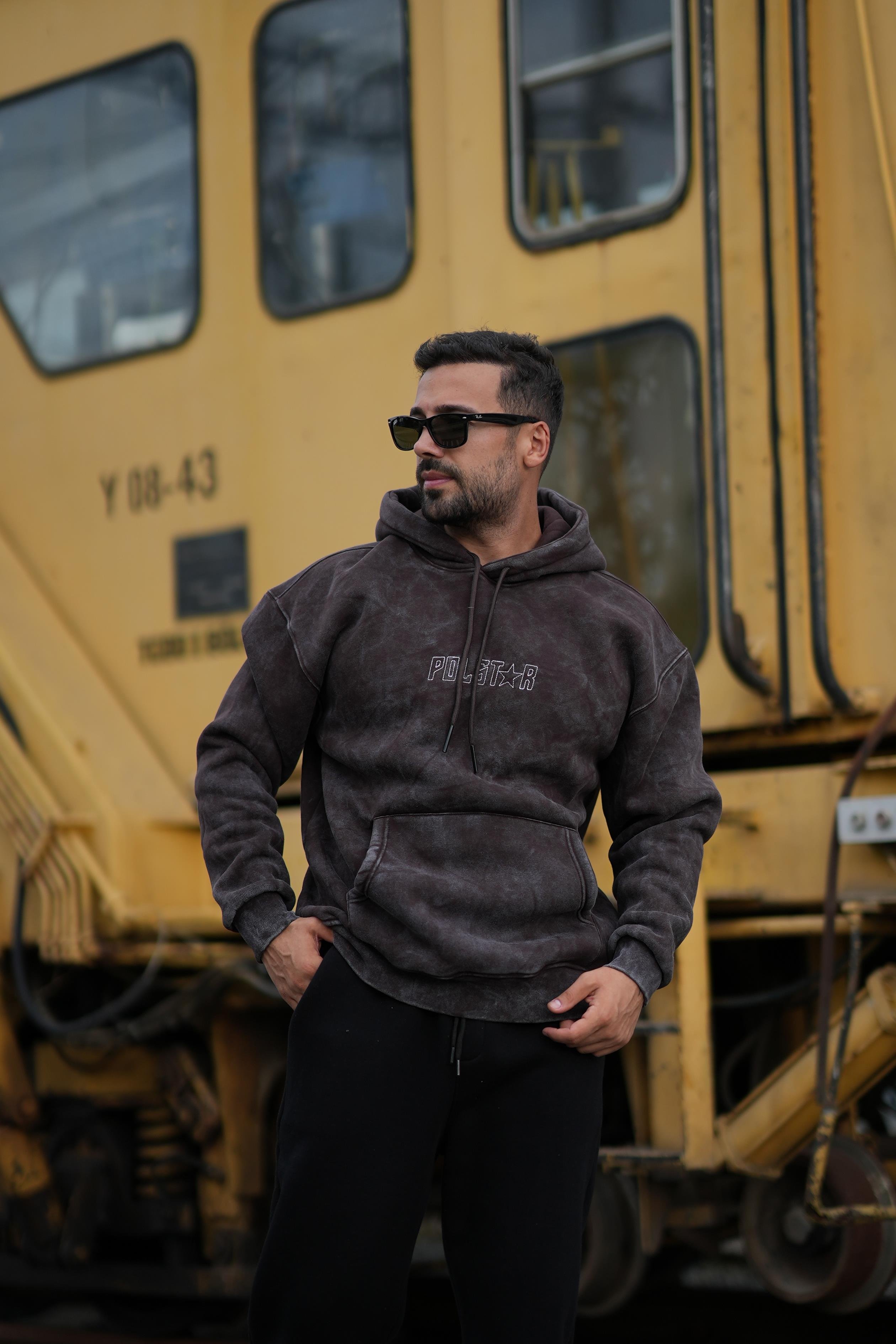 SweatKahve 3 İplik Oversize Polstar Baskılı Kapşonlu Sweatshirt PLZ