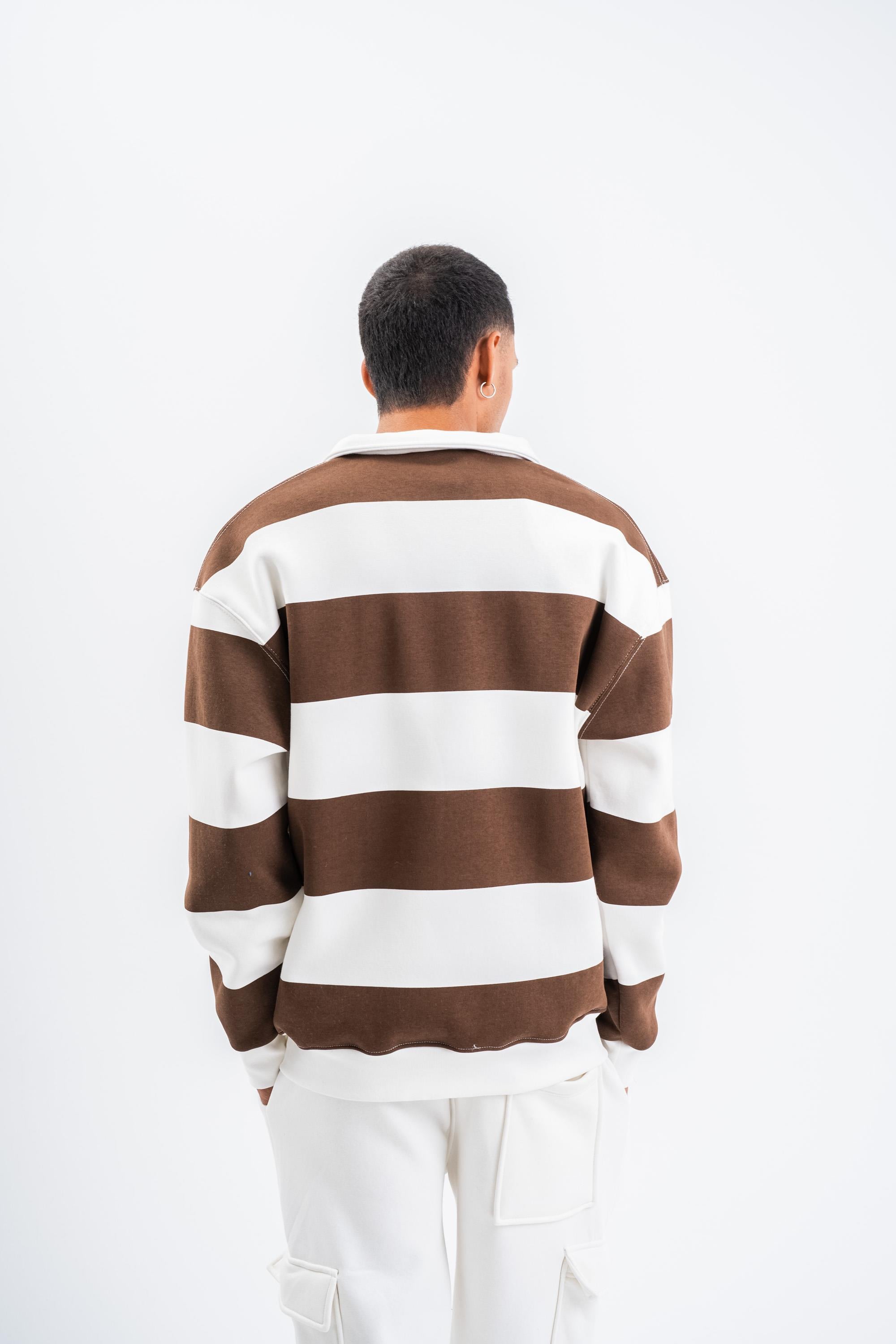 SweatKahve Çizgili 3 İplik Polo Yaka Sweatshirt PLZ