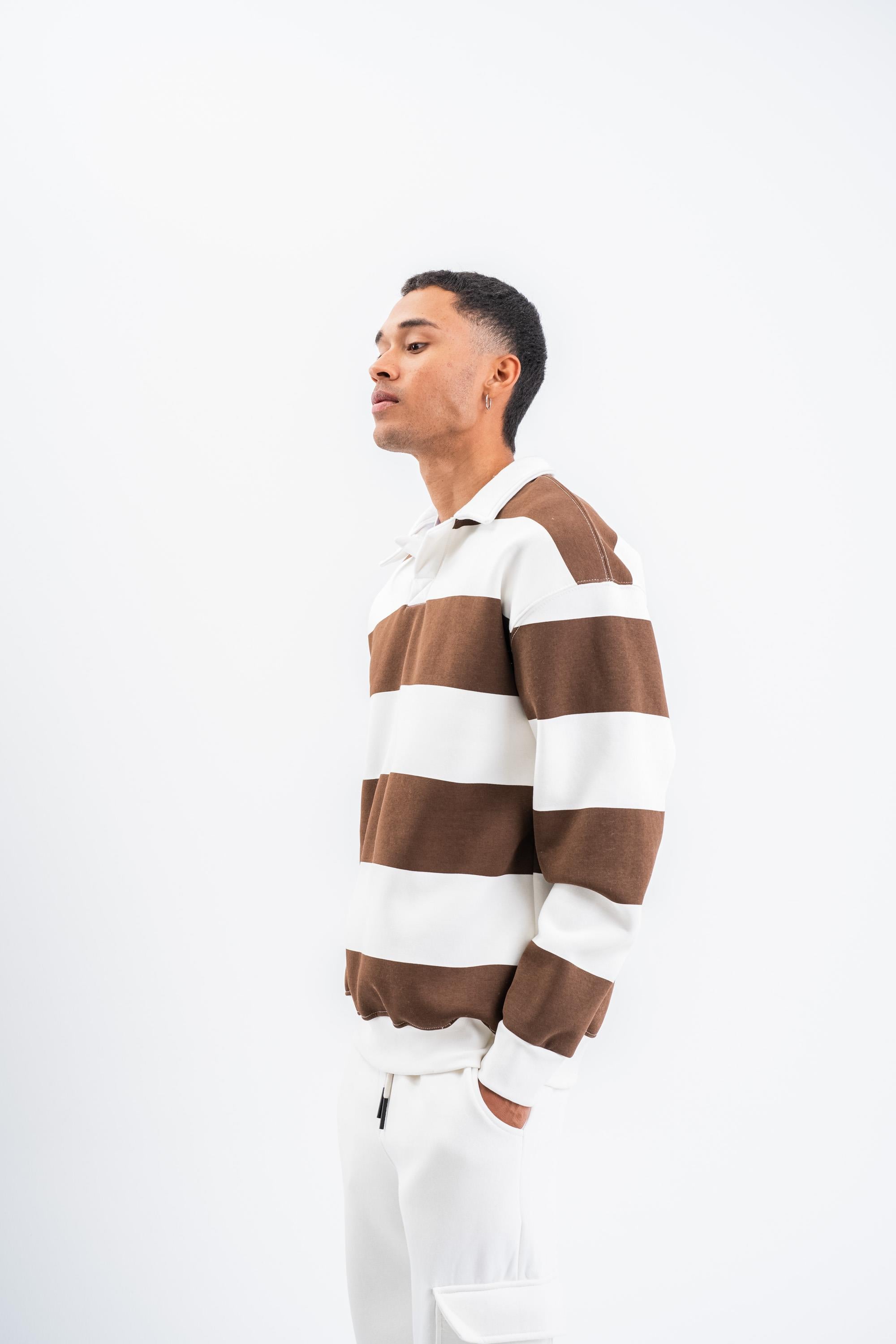 SweatKahve Çizgili 3 İplik Polo Yaka Sweatshirt PLZ