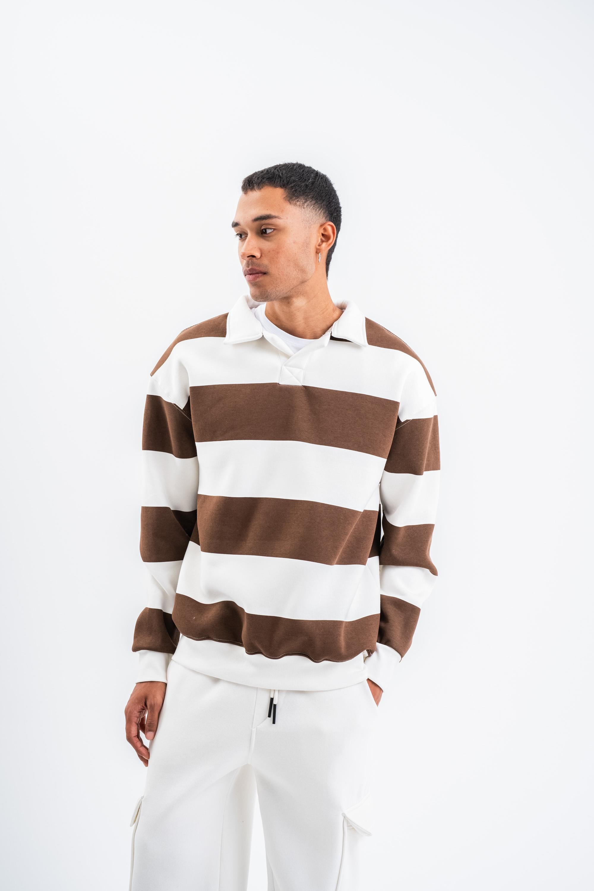 SweatKahve Çizgili 3 İplik Polo Yaka Sweatshirt PLZ