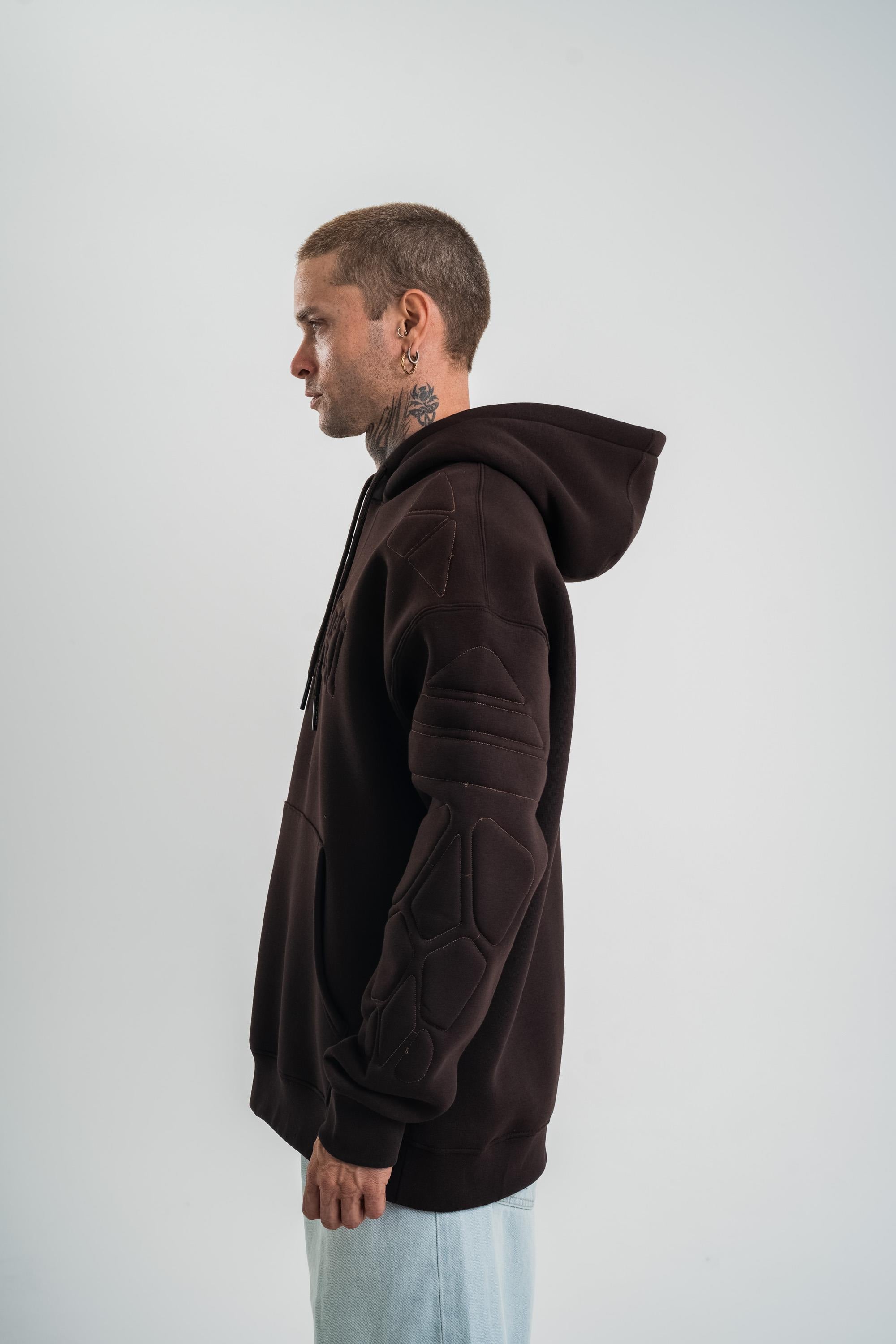 SweatKahve Kol Şişme Kabartmalı Kapşonlu Sweatshirt PLZ