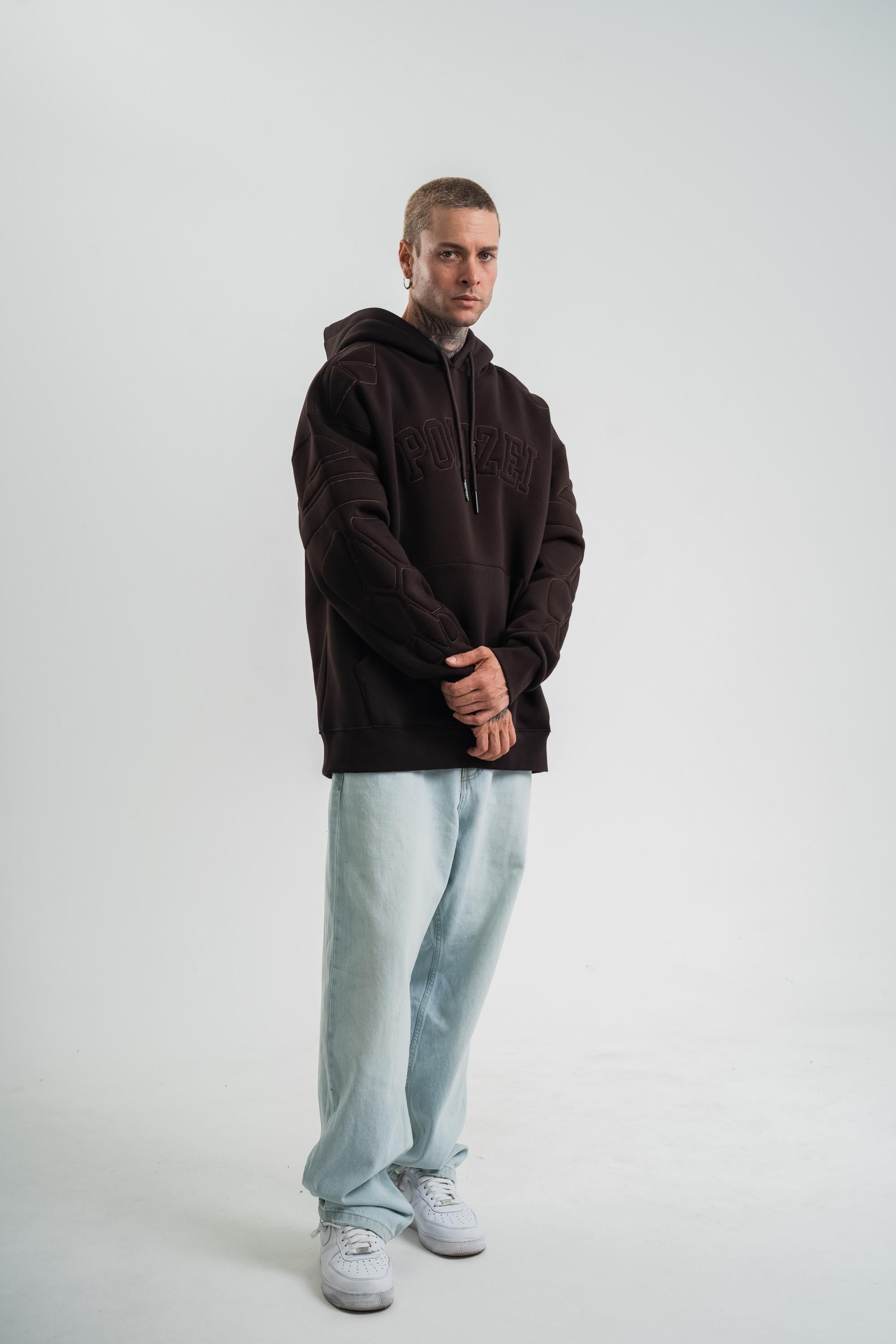 SweatKahve Kol Şişme Kabartmalı Kapşonlu Sweatshirt PLZ