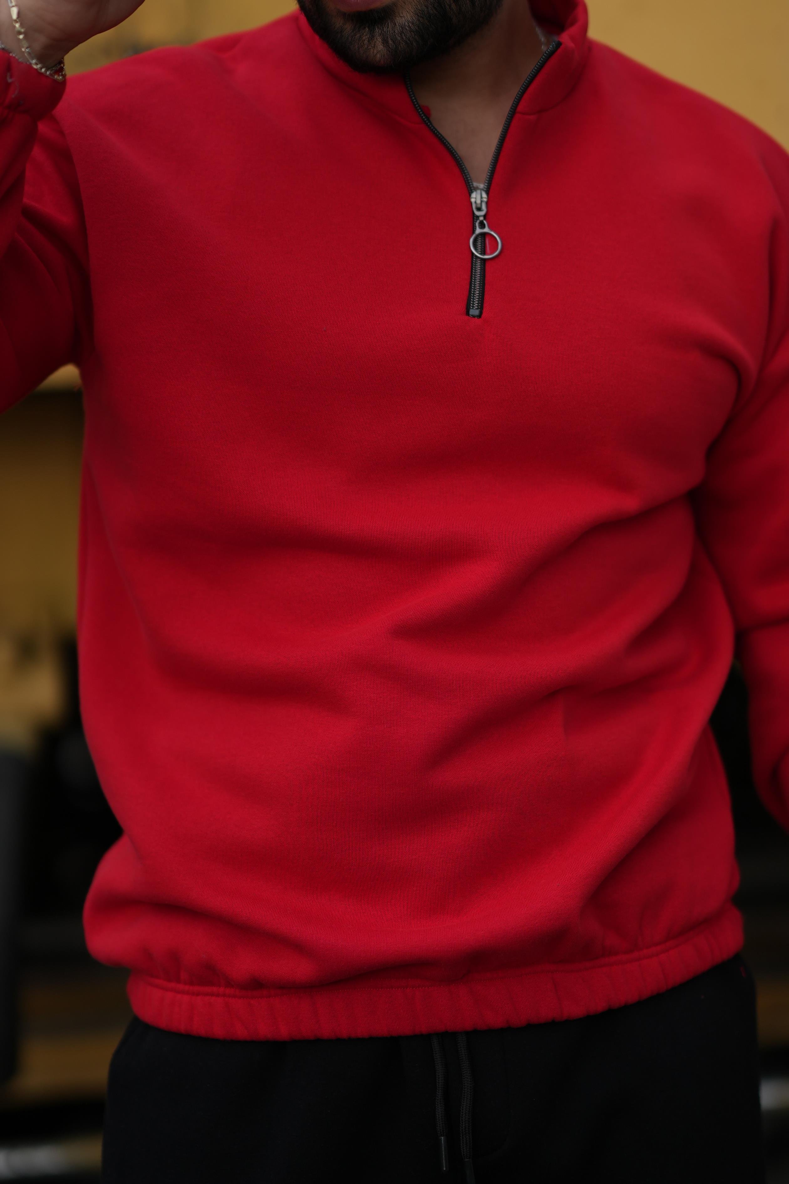 SweatKIRMIZI 3 iplik yarım fermuarlı sweatshirt SC