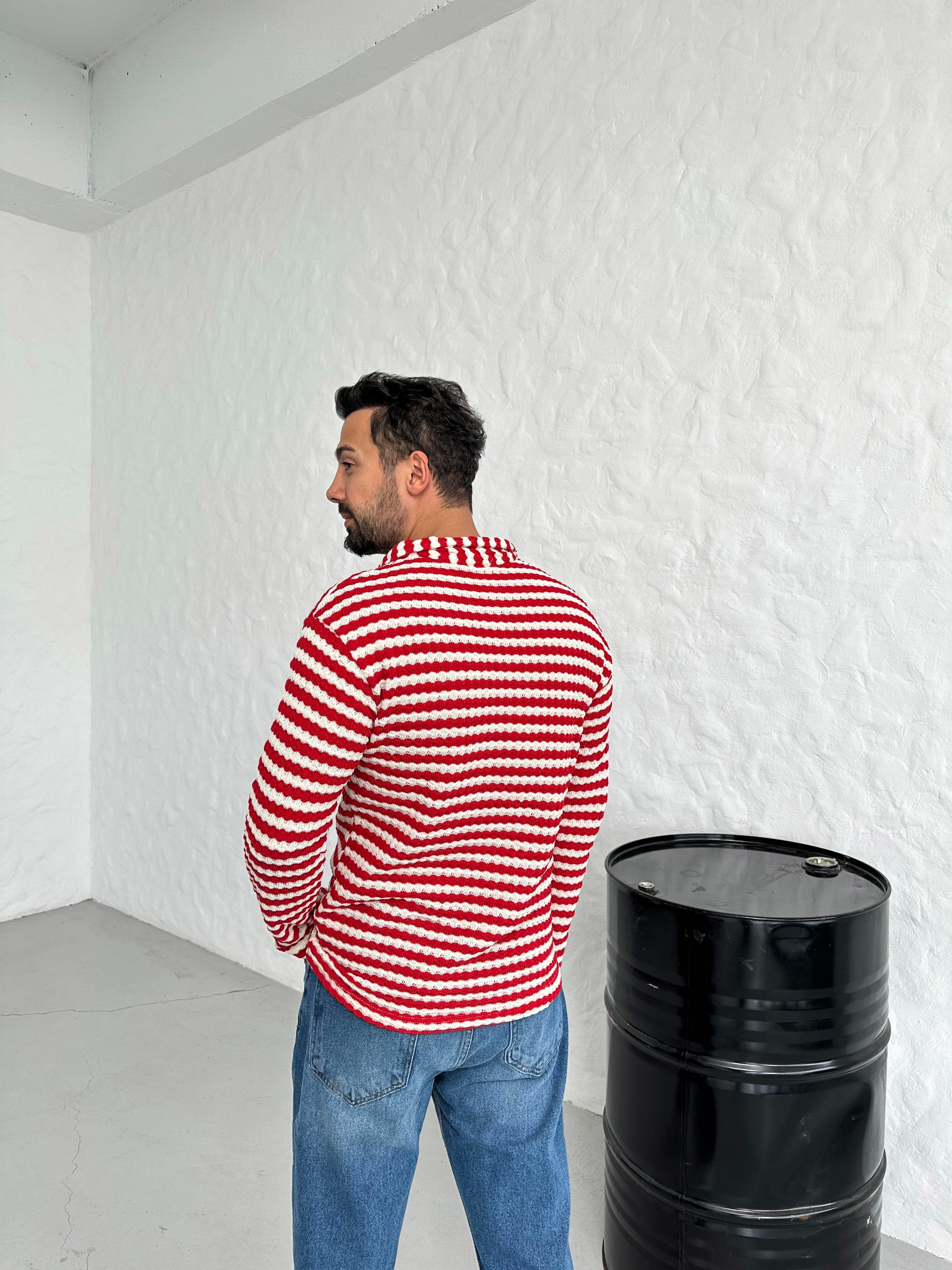 SweatKırmızı Çizgili Gizli Patlı Yaka Örme Triko SNZ 8397