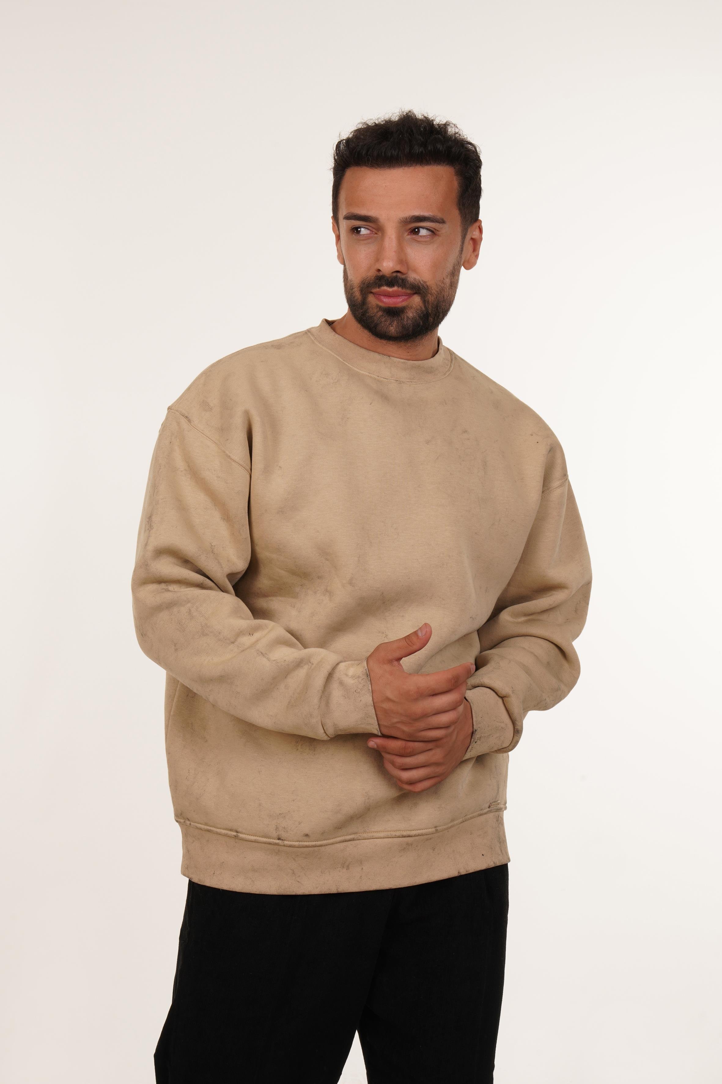 SweatKrem 3 İplik Oversize Yıkamalı Bisiklet Yaka Sweatshirt PLZ