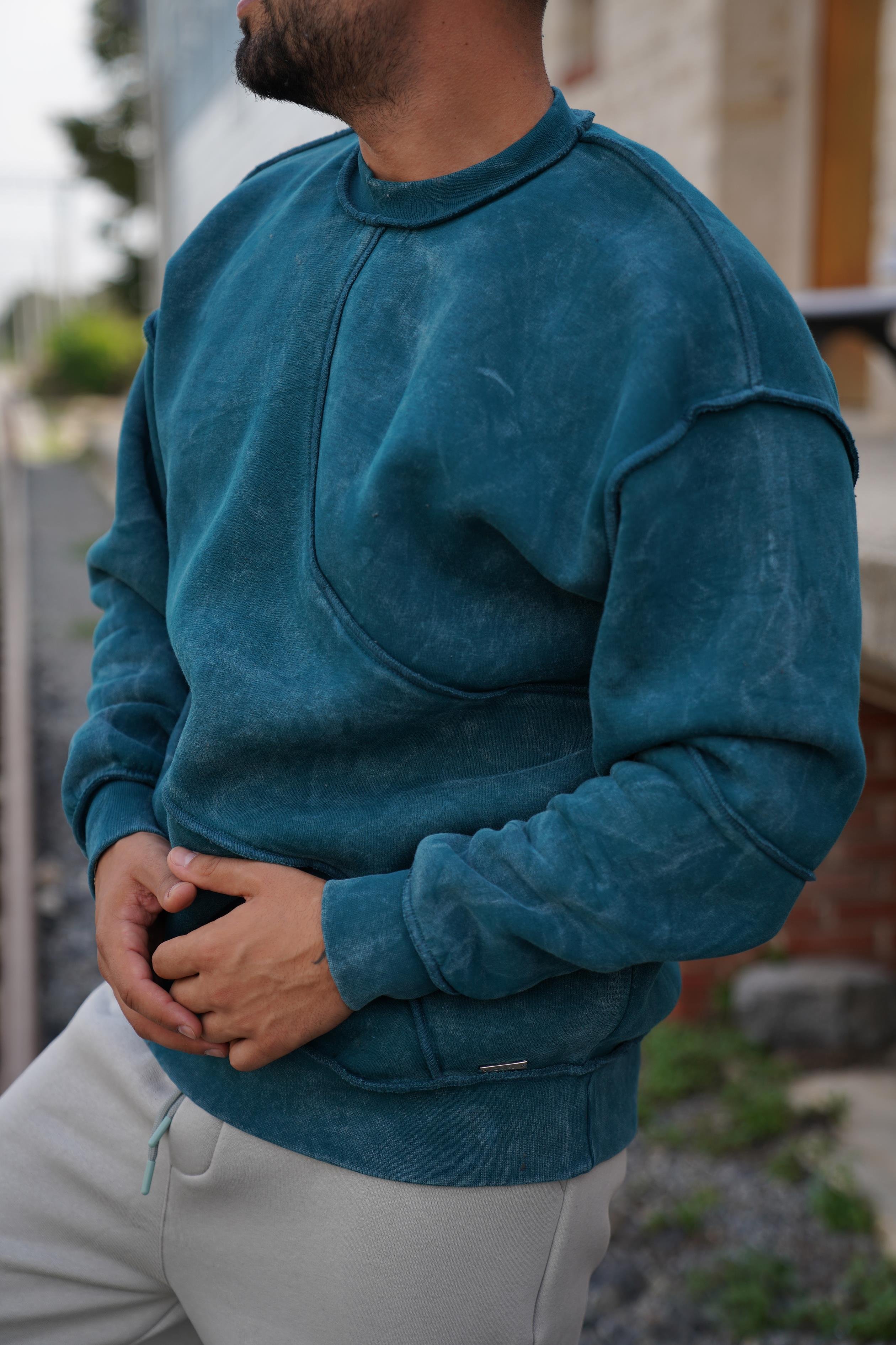 SweatPetrol 3 İplik Parçalı Yıkamalı Bisiklet Yaka Sweatshirt PLZ