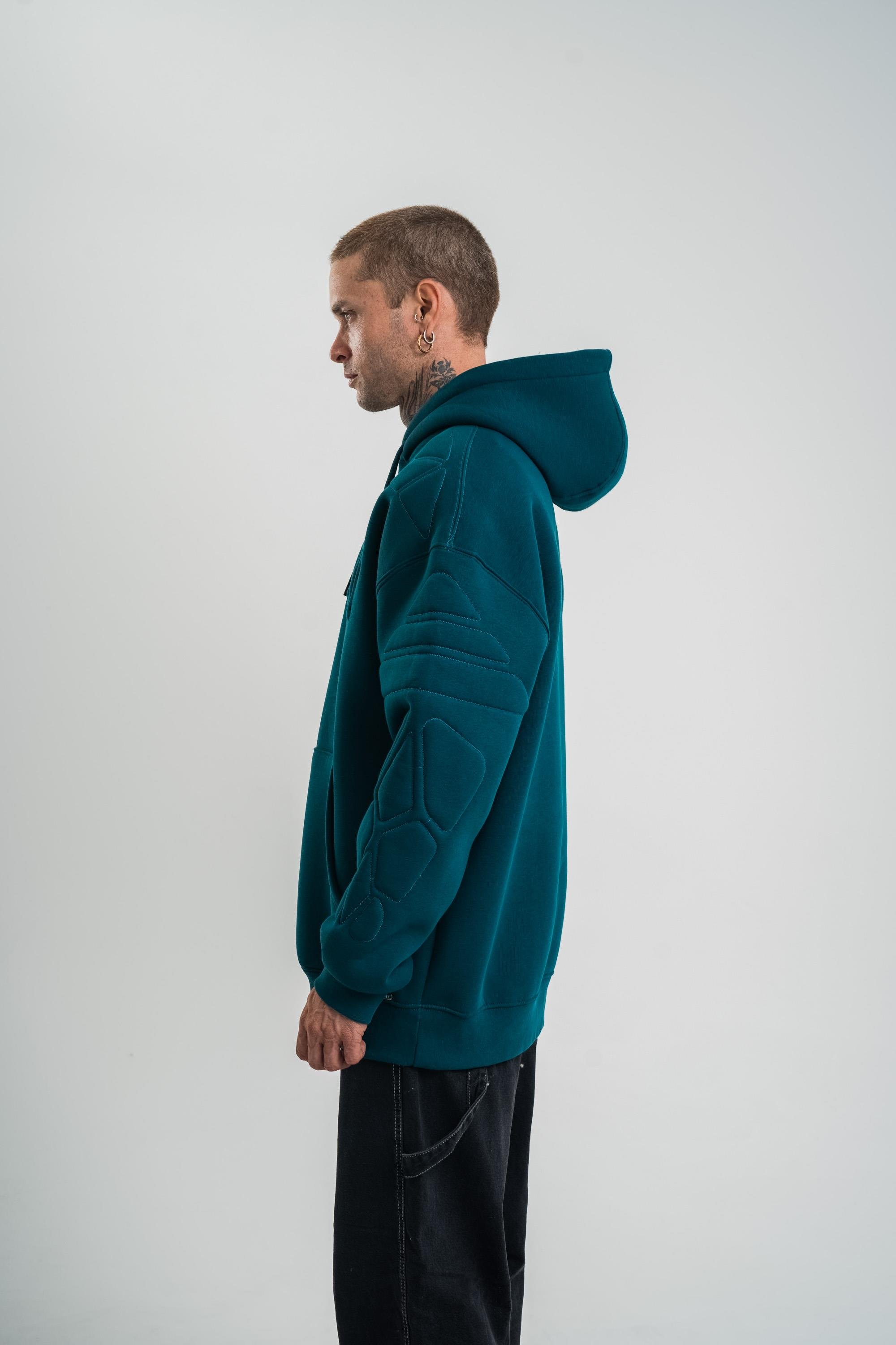 SweatPetrol Kol Şişme Kabartmalı Kapşonlu Sweatshirt PLZ
