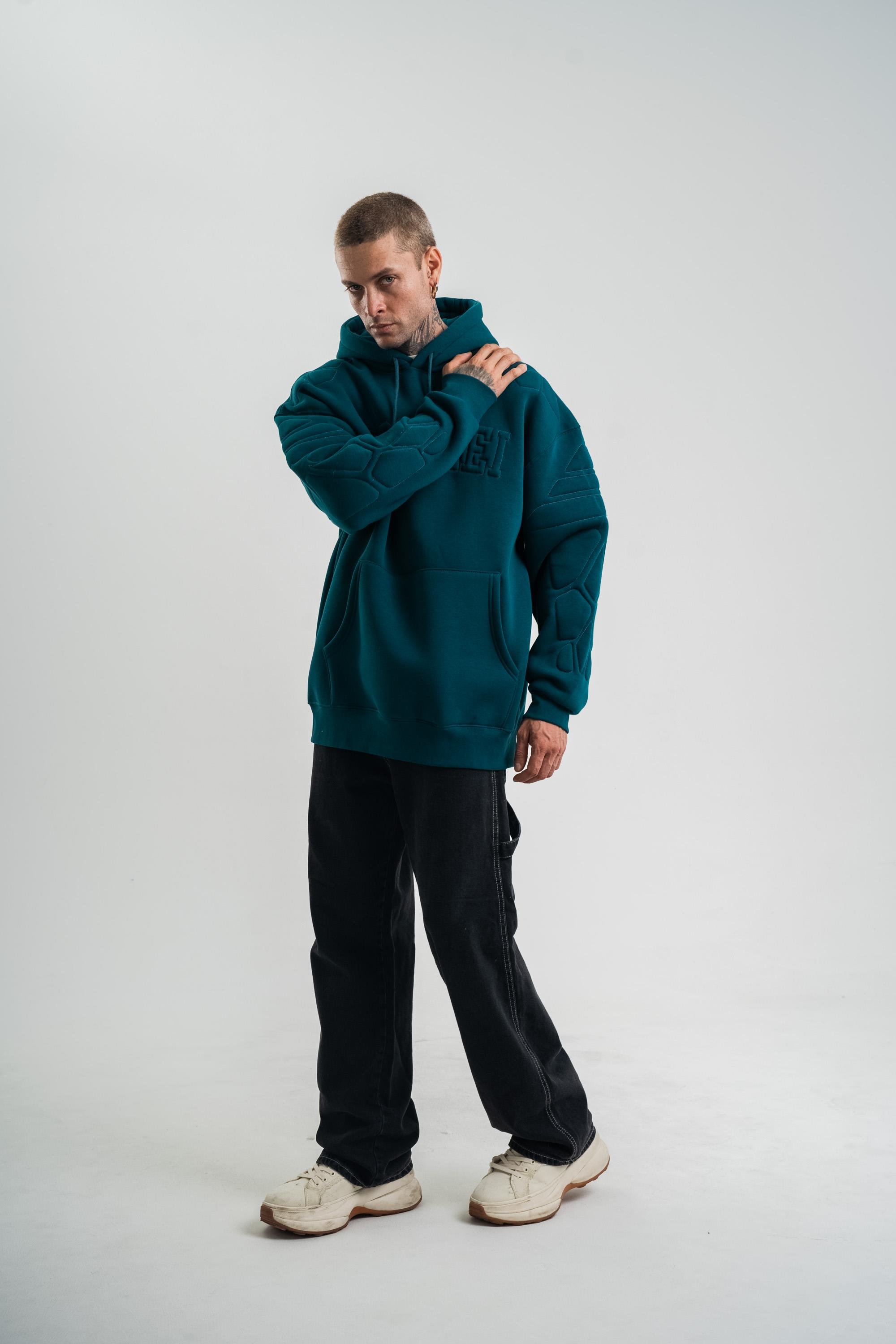 SweatPetrol Kol Şişme Kabartmalı Kapşonlu Sweatshirt PLZ
