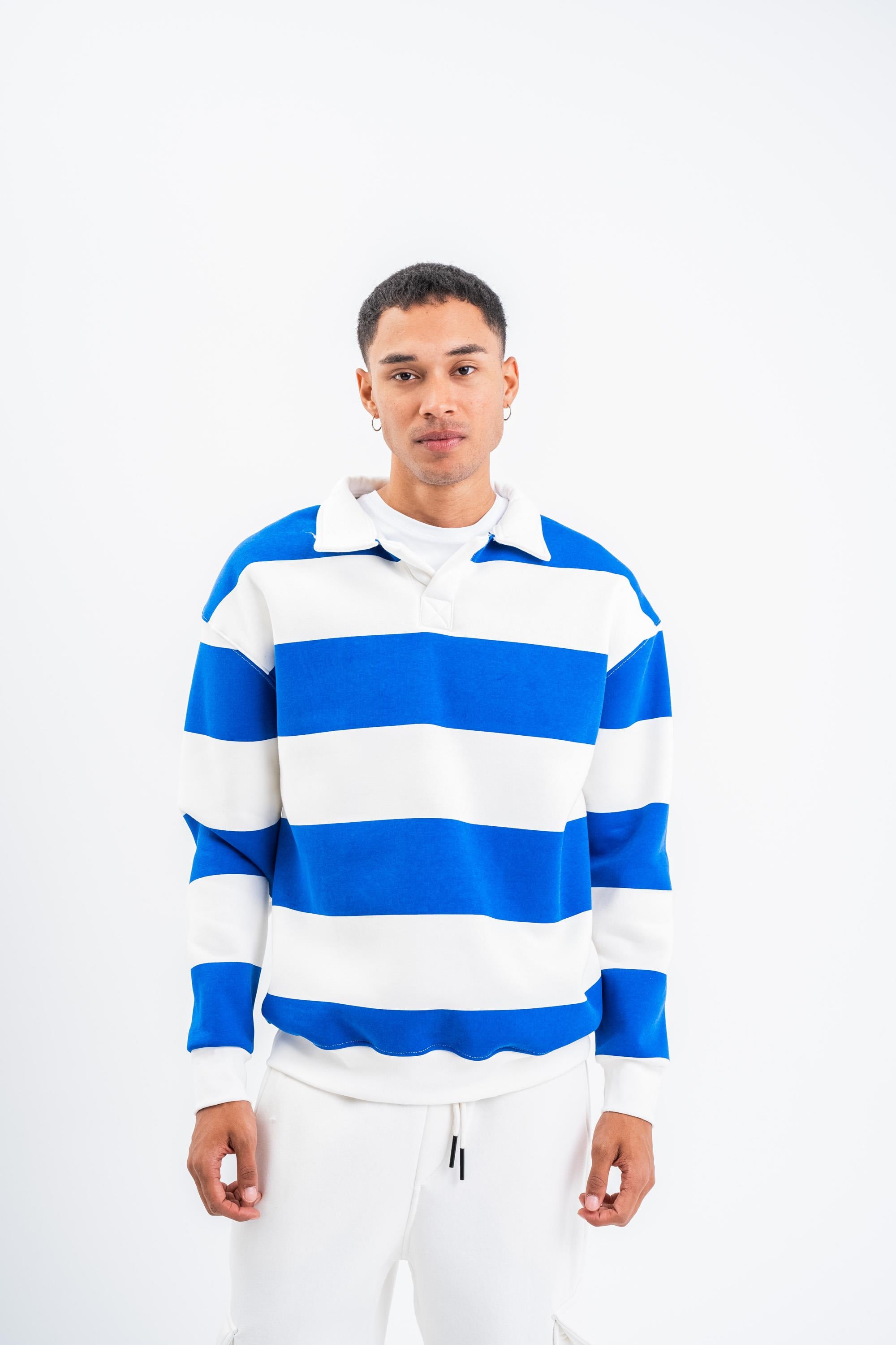 SweatSaksmavi Çizgili 3 İplik Polo Yaka Sweatshirt PLZ