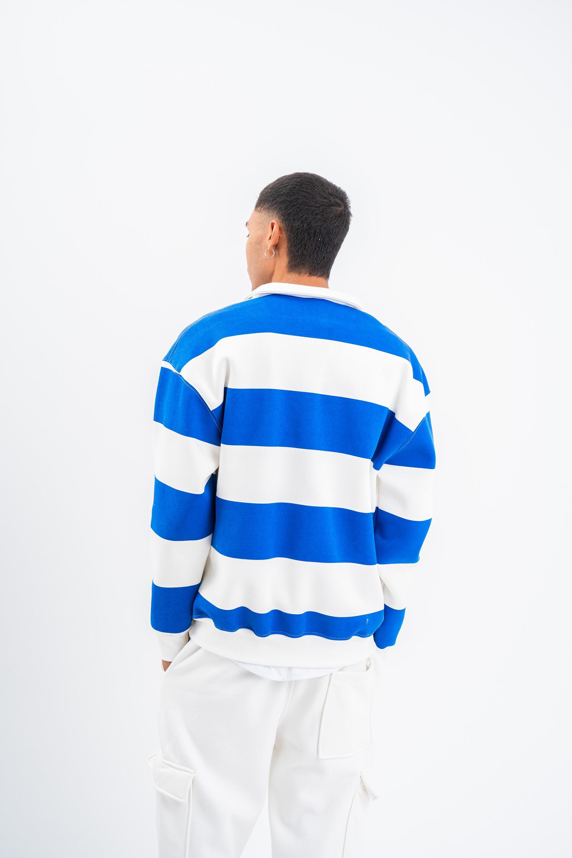 SweatSaksmavi Çizgili 3 İplik Polo Yaka Sweatshirt PLZ