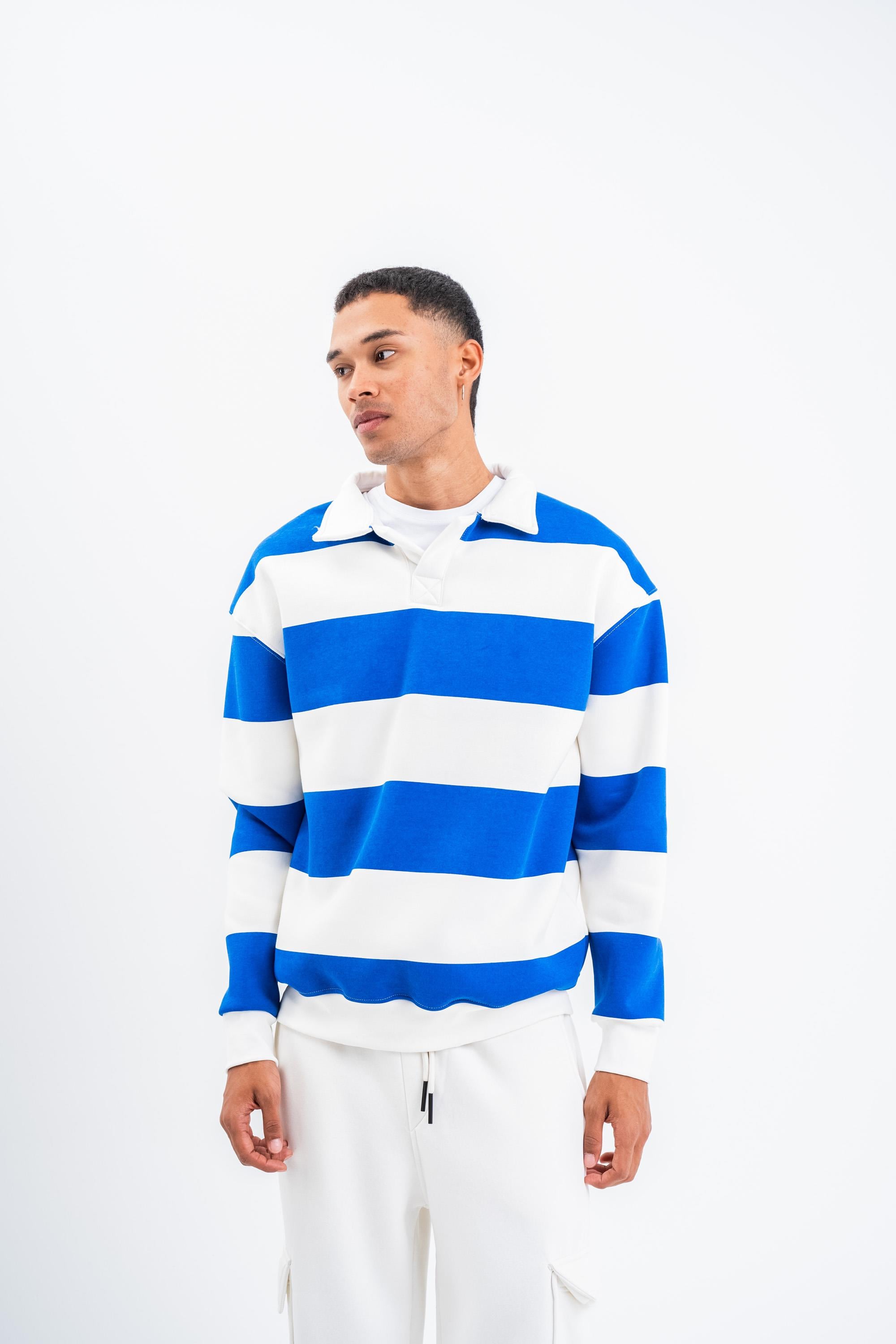 SweatSaksmavi Çizgili 3 İplik Polo Yaka Sweatshirt PLZ