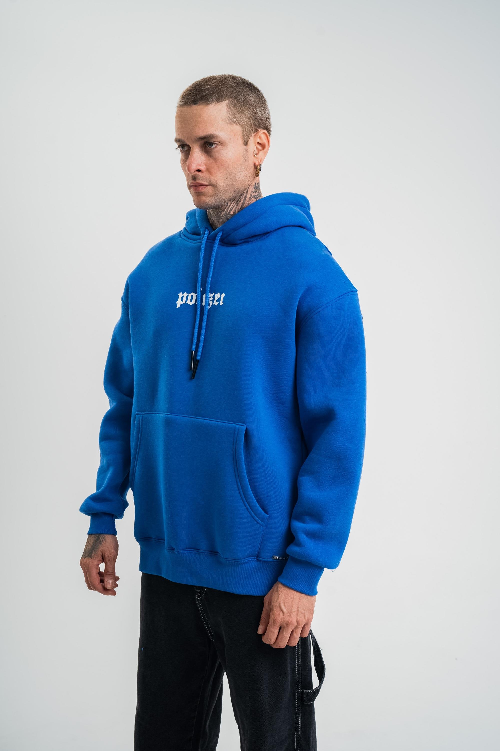 SweatSaksmavi Yarım Polizei Nakışlı Peçli Kapşonlu Sweatshirt PLZ