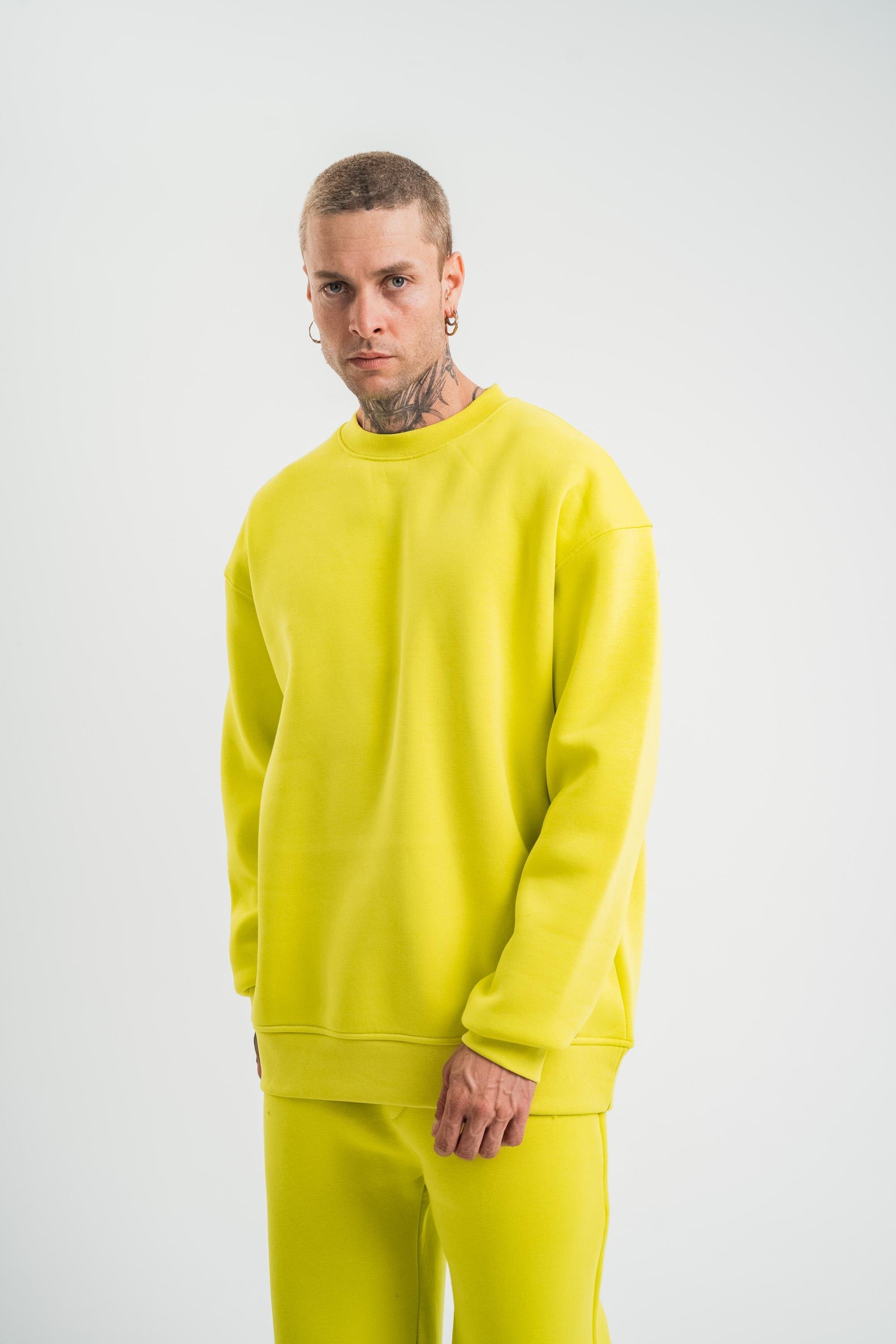 SweatSarı Düz 3 İplik Bisiklet Yaka Sweatshirt PLZ