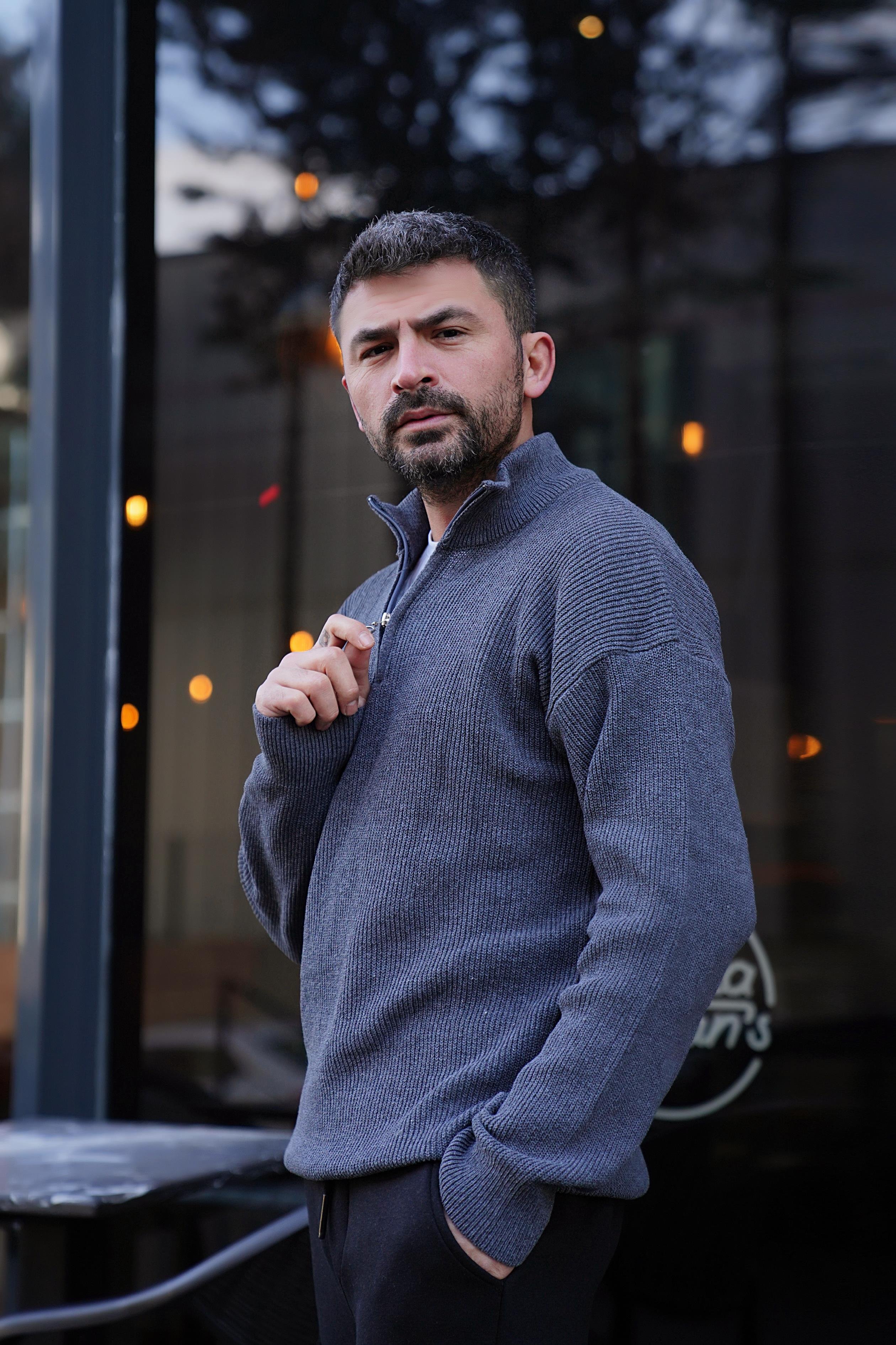 SWEATSHİRTAntrasit Fermuarlı Selanık Kumaş Kazak 